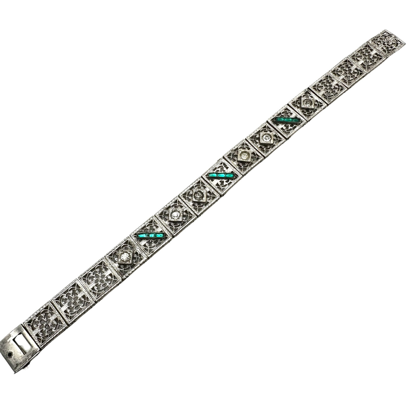 Antique Sterling Silver Filigree Bracelet Green Glass Stones 6.5 Inch 16 Grams: Antique Sterling Silver Filigree Bracelet Green Glass Stones 6.5 Inch 16 Grams