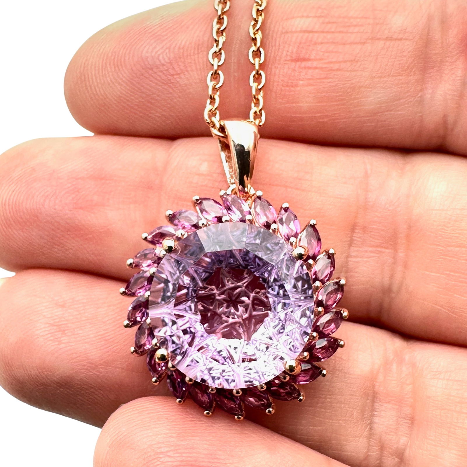Rose Gold Over Sterling Silver Pink Purple Gemstone Pendant Necklace 20 Inch Chain (1 of 2)
