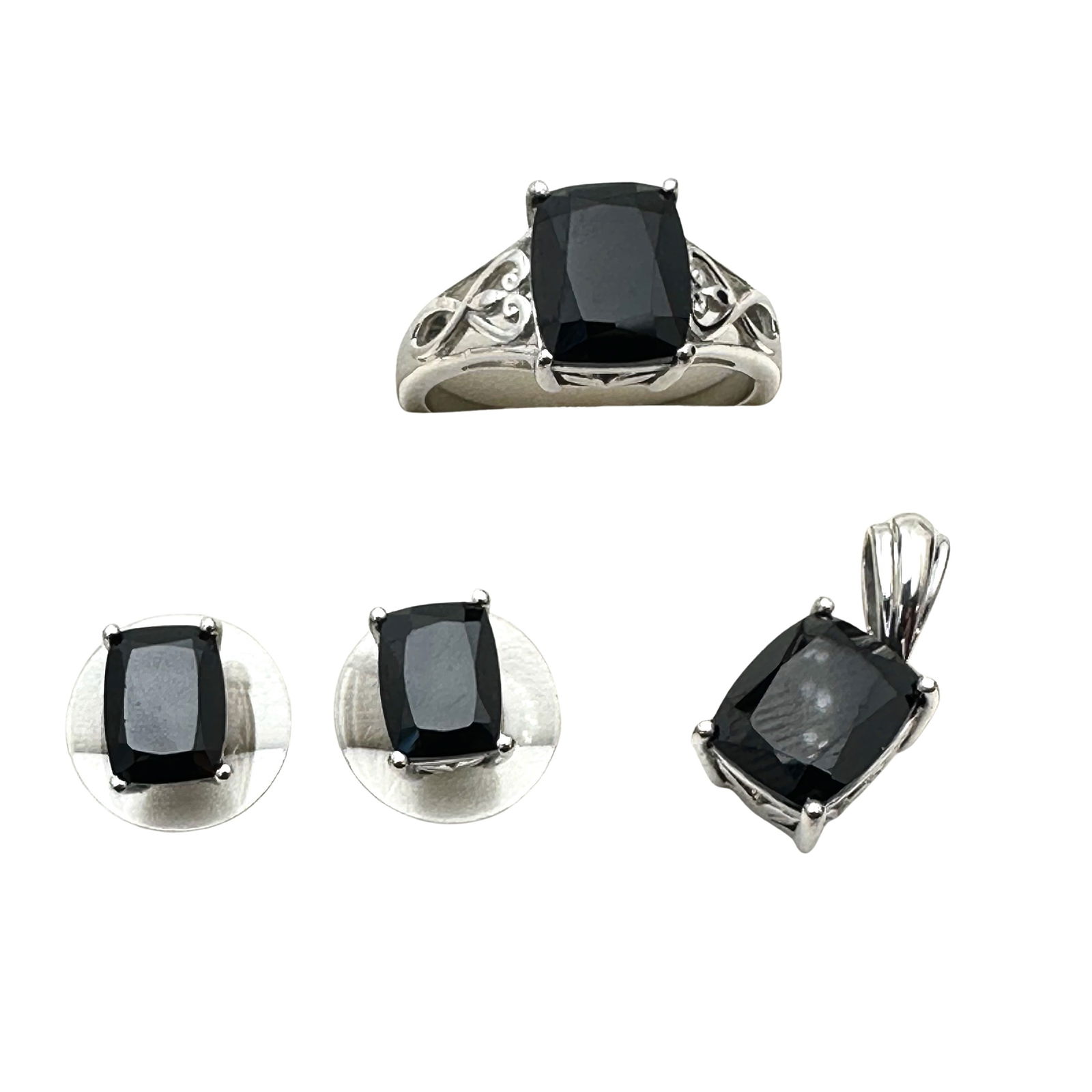 JTV Black Spinel Sterling Silver Ring Size 8.5 Pendant Stud Earrings Set (1 of 2)