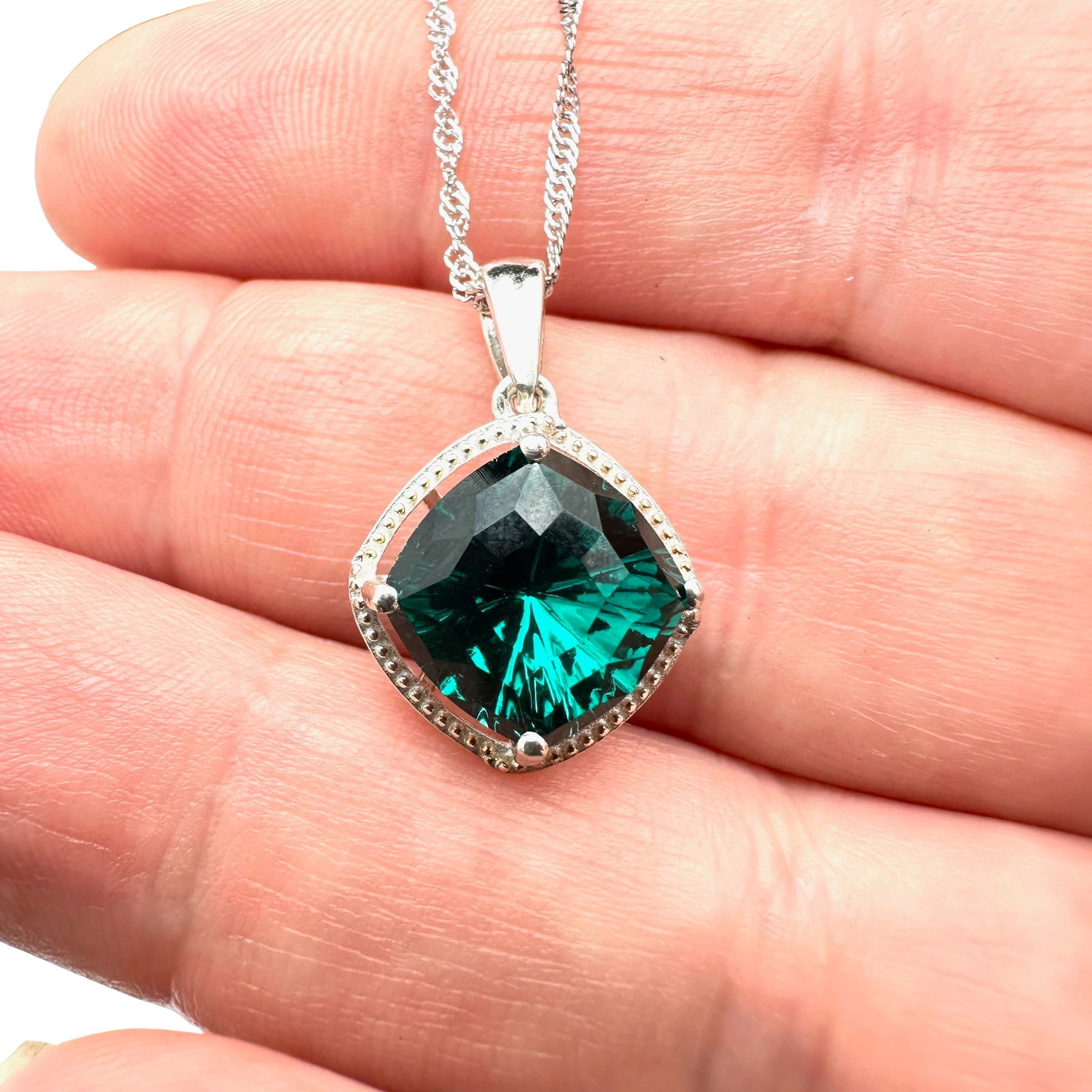 Green Created Emerald Pendant Sterling Silver 20 Inch Chain (1 of 2)