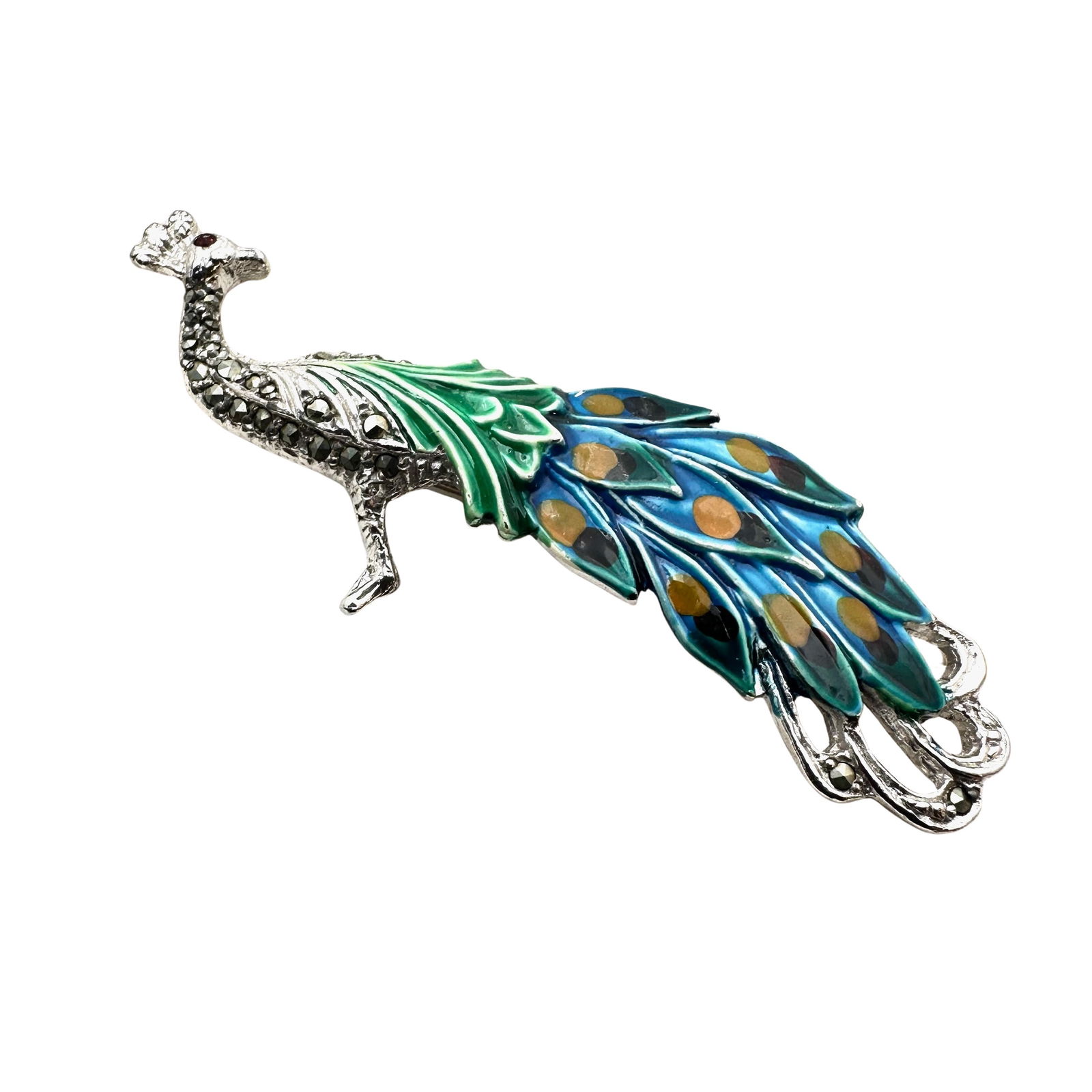 Vintage Pot Metal Enamel Marcasite Peacock Bird Brooch Pin: Vintage Pot Metal Enamel Marcasite Peacock Bird Brooch Pin