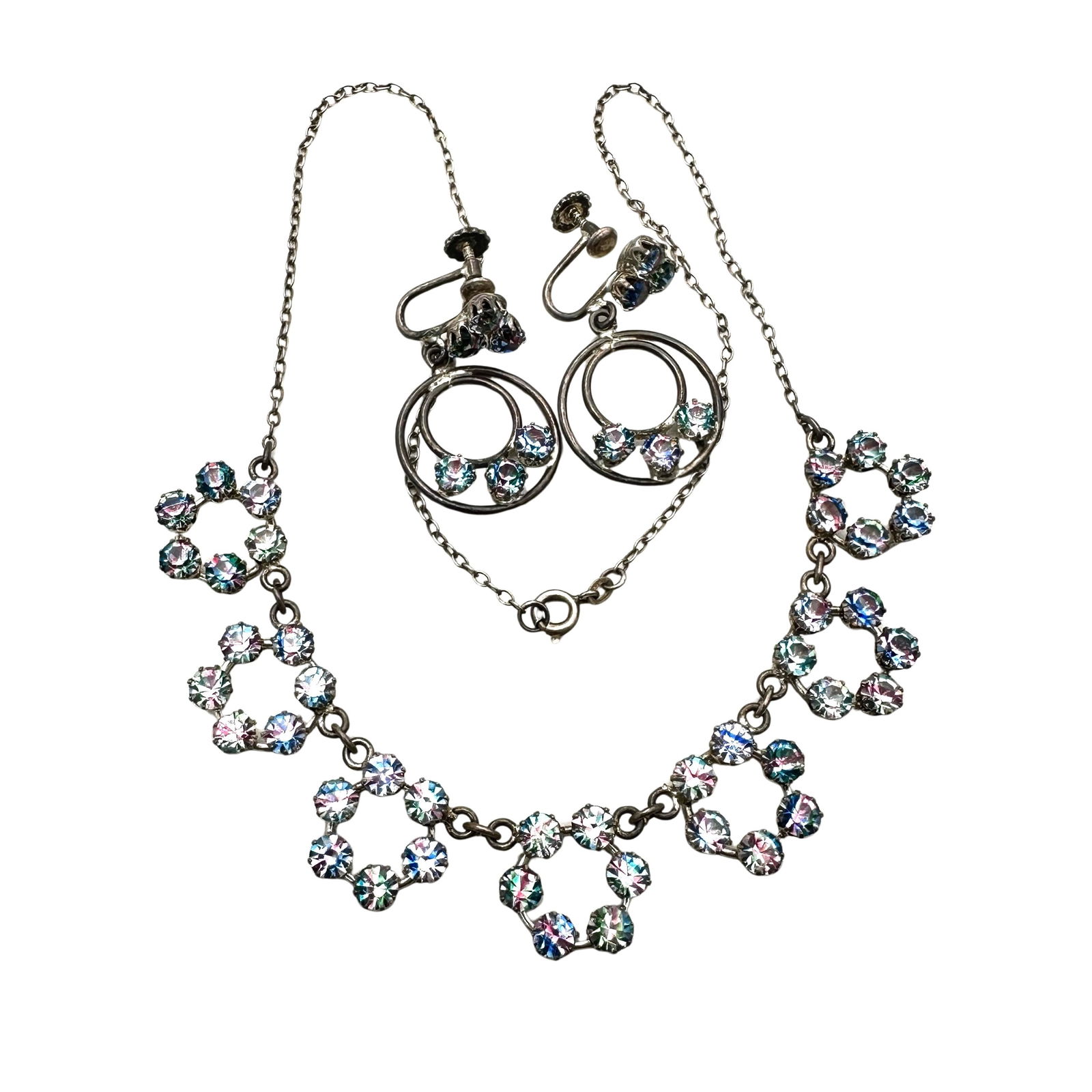Antique Rainbow Glass Rhinestone Necklace Screw Back Earrings Set: Antique Rainbow Glass Rhinestone Necklace Screw Back Earrings Set