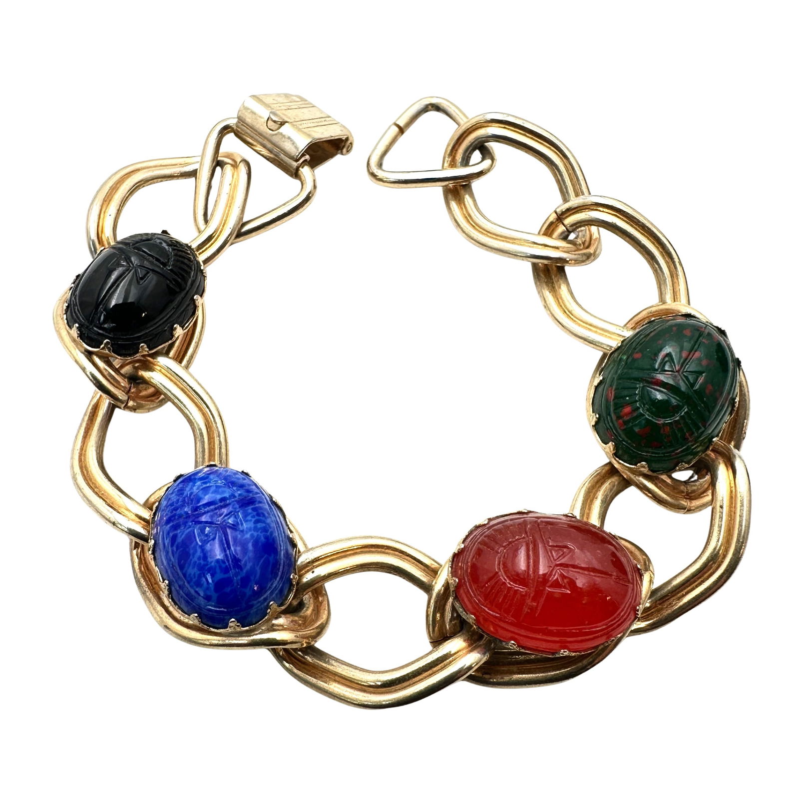 Vintage Gemstone Carved Scarab Gold Tone Bracelet 7 Inch (1 of 2)
