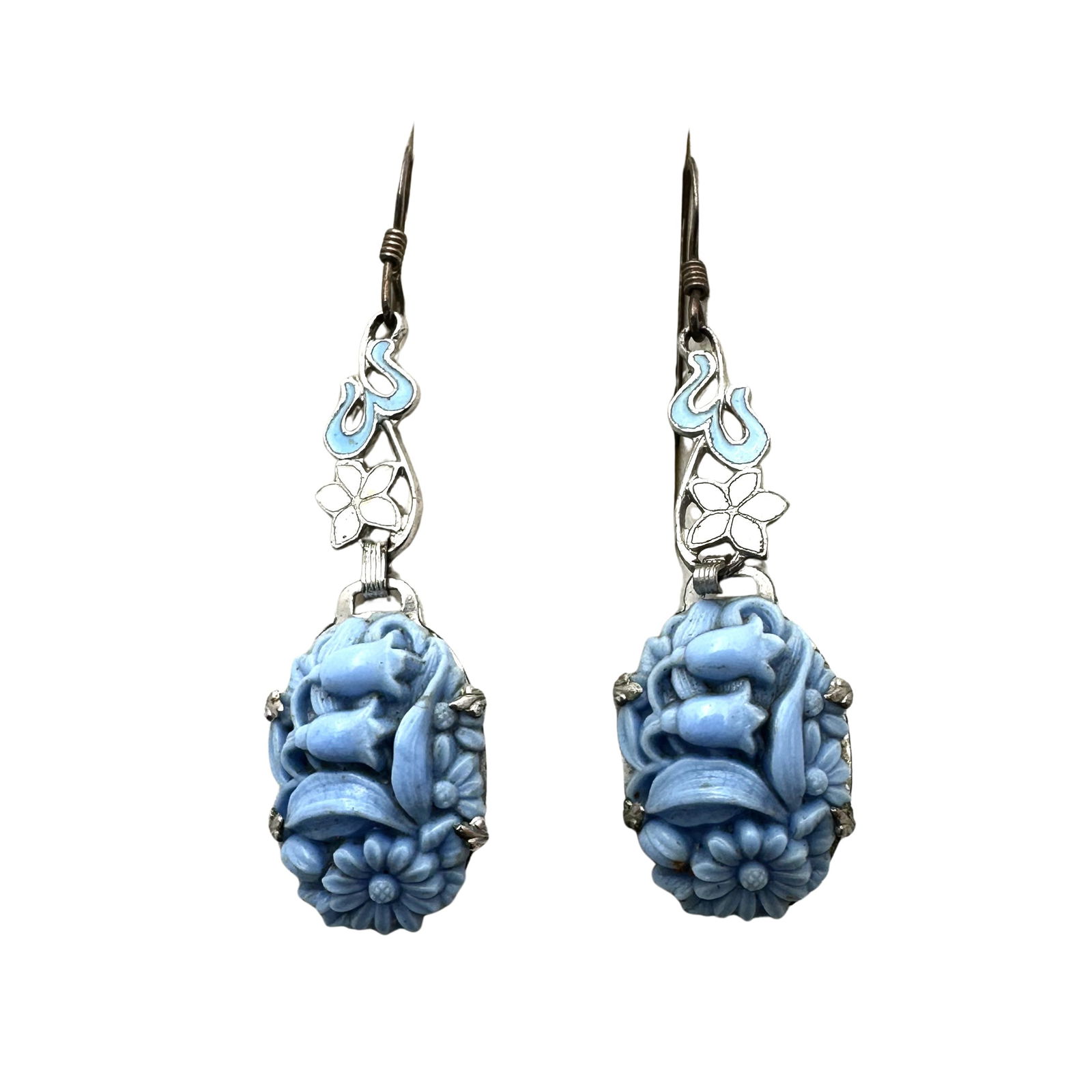 Antique Molded Blue Glass Enamel Silver Tone Chandelier Earrings (1 of 2)