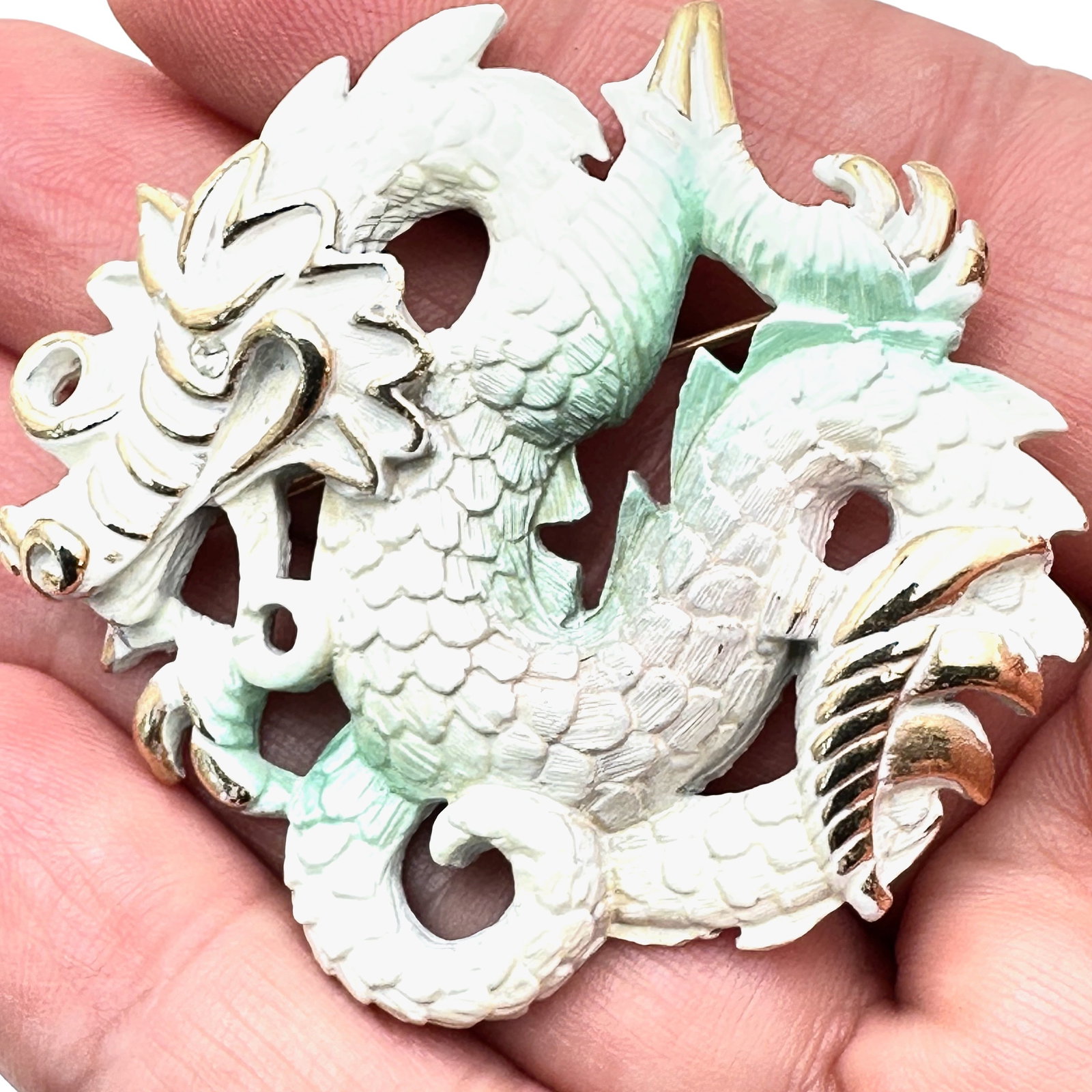 Vintage Pastelli Dragon Brooch Green White Enamel Gold Tone Pin 2 Inch: Vintage Pastelli Dragon Brooch Green White Enamel Gold Tone Pin 2 Inch