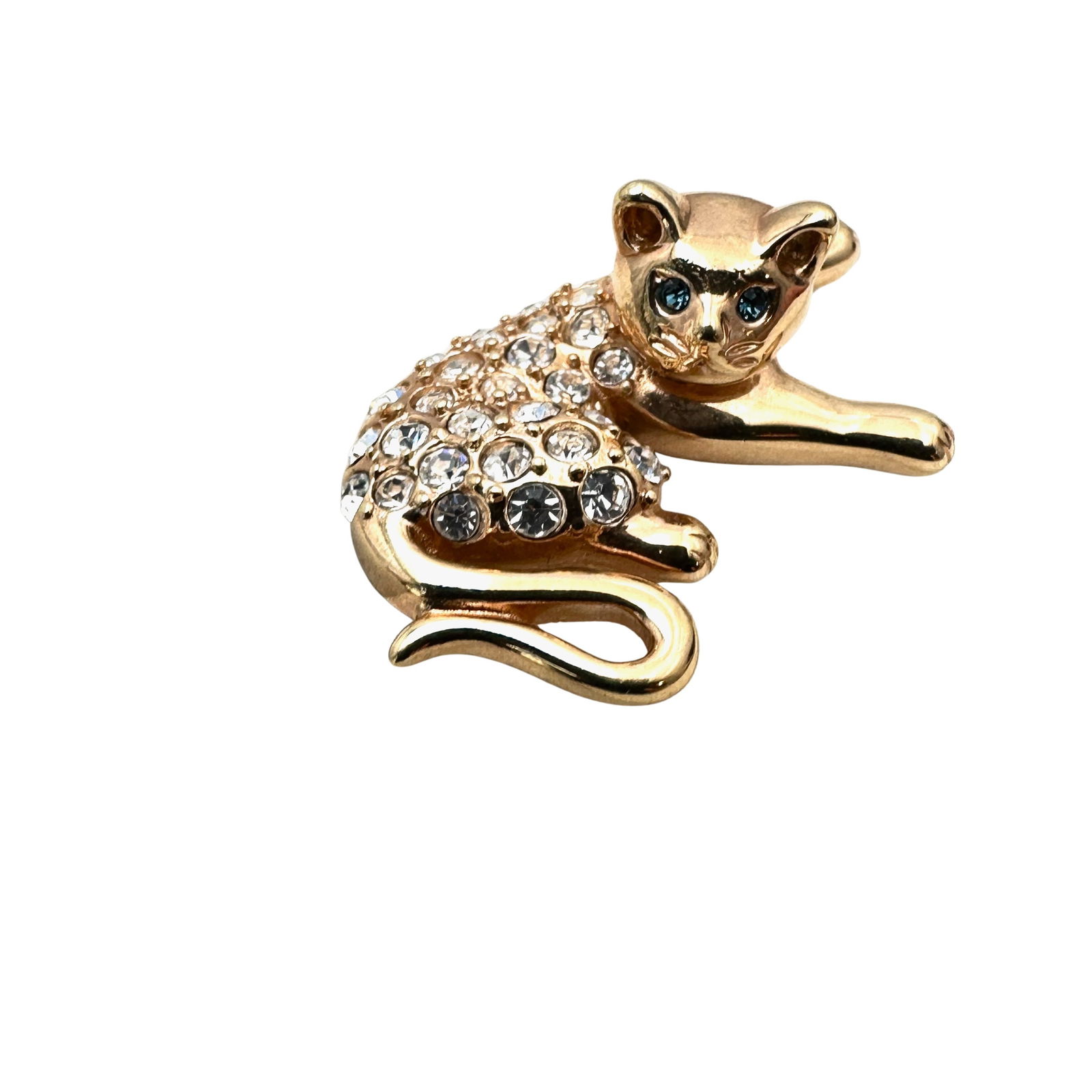 Vintage Rhinestone Figural Cat Brooch Pin Gold tone (1 of 2)