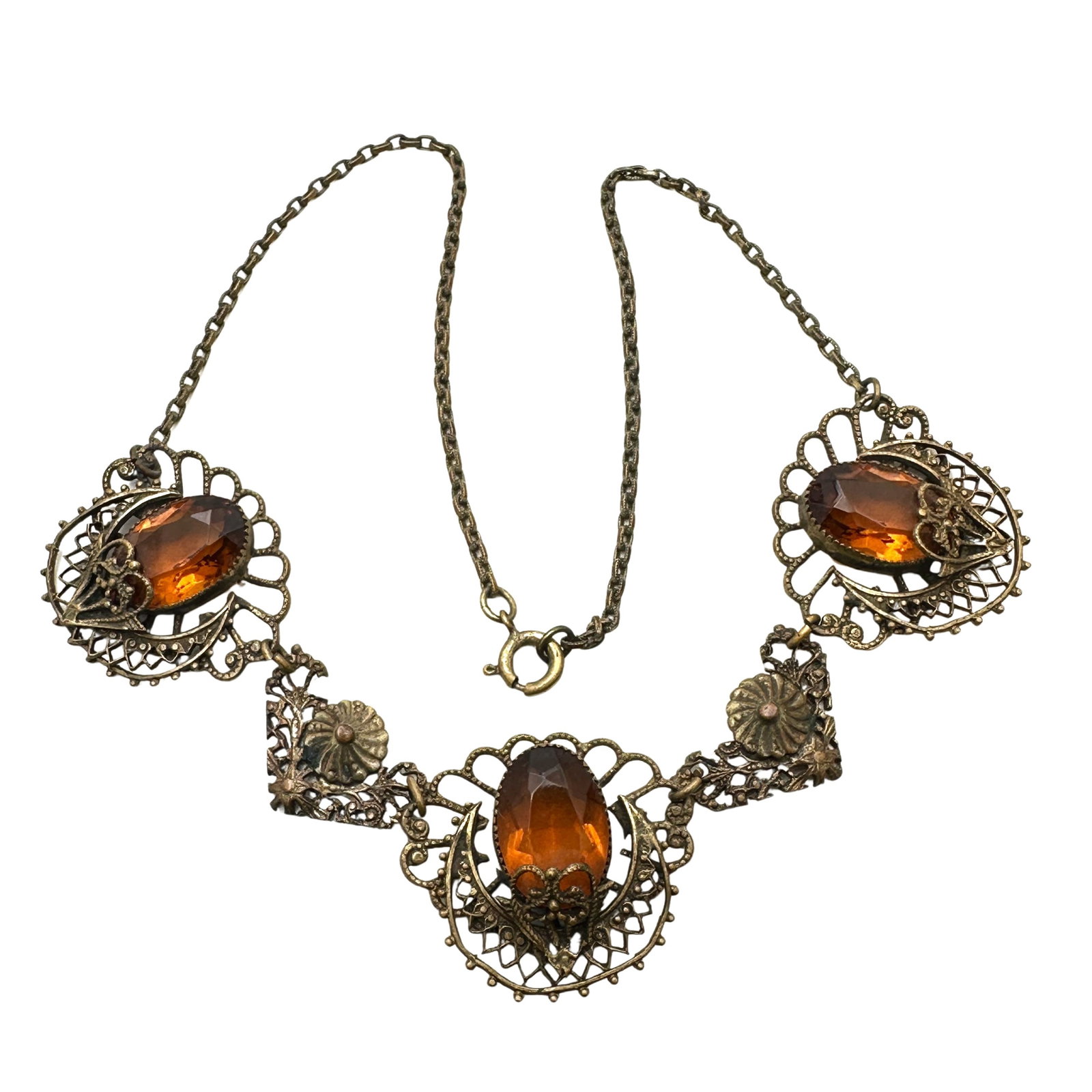 Antique Amber Czech Glass Gold Tone Filigree Necklace 15 Inch: Antique Amber Czech Glass Gold Tone Filigree Necklace 15 Inch