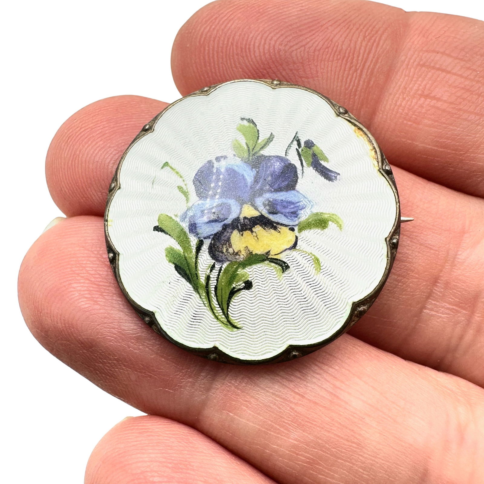Antique M Sterling Norway Guilloche Pansy Design Brooch Pin 1 Inch: Antique M Sterling Norway Guilloche Pansy Design Brooch Pin 1 Inch