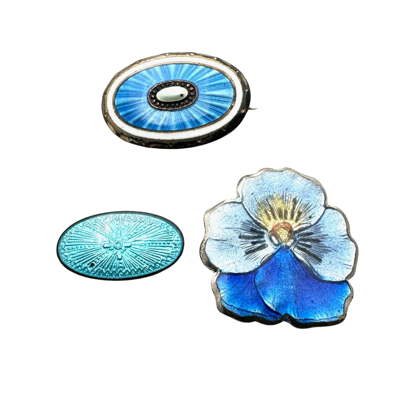 Antique Group of Blue Guilloche Brooches Pins: Antique Group of Blue Guilloche Brooches Pins