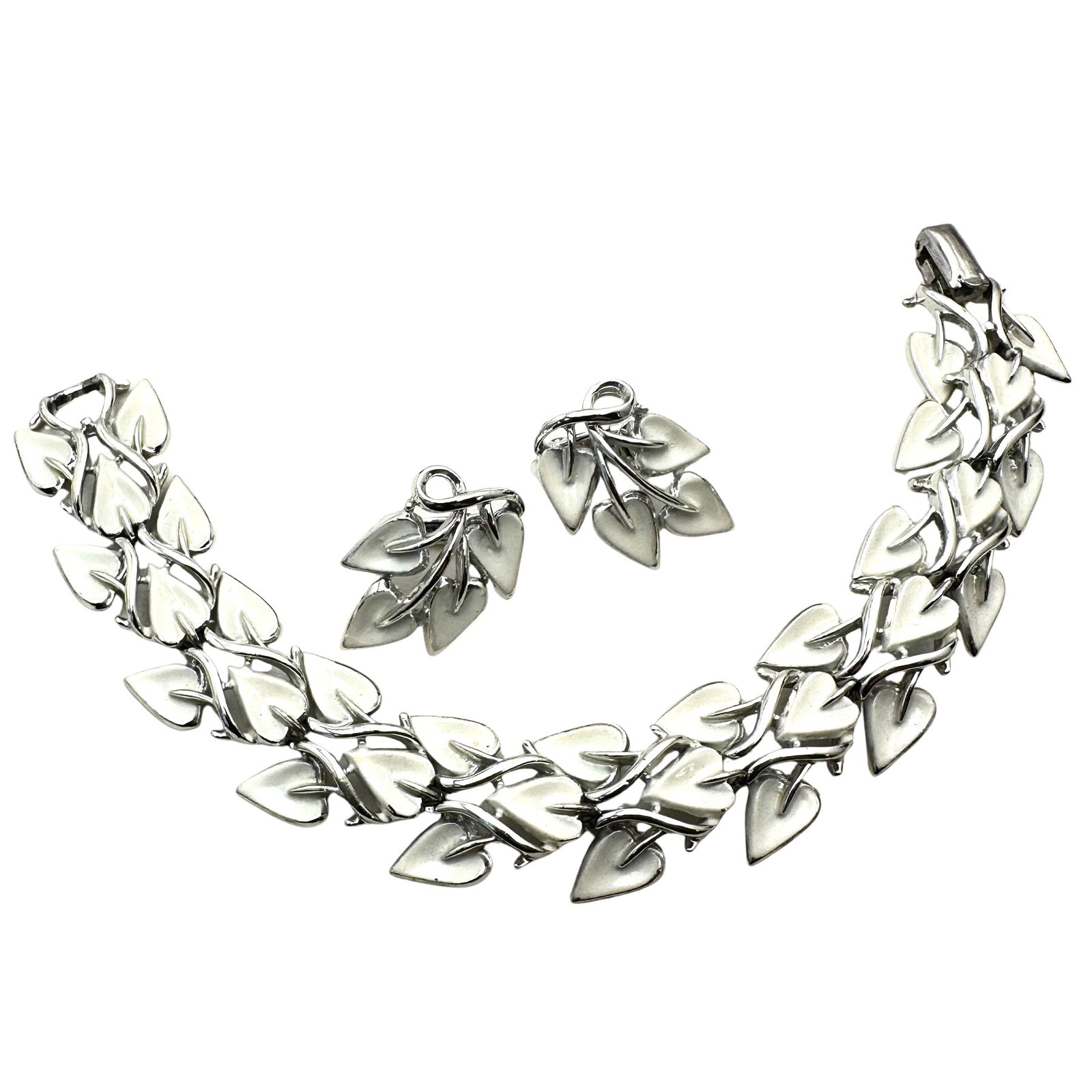 Vintage Coro White Enamel Silver Tone 7 Inch Bracelet Clip Earrings Set (1 of 2)