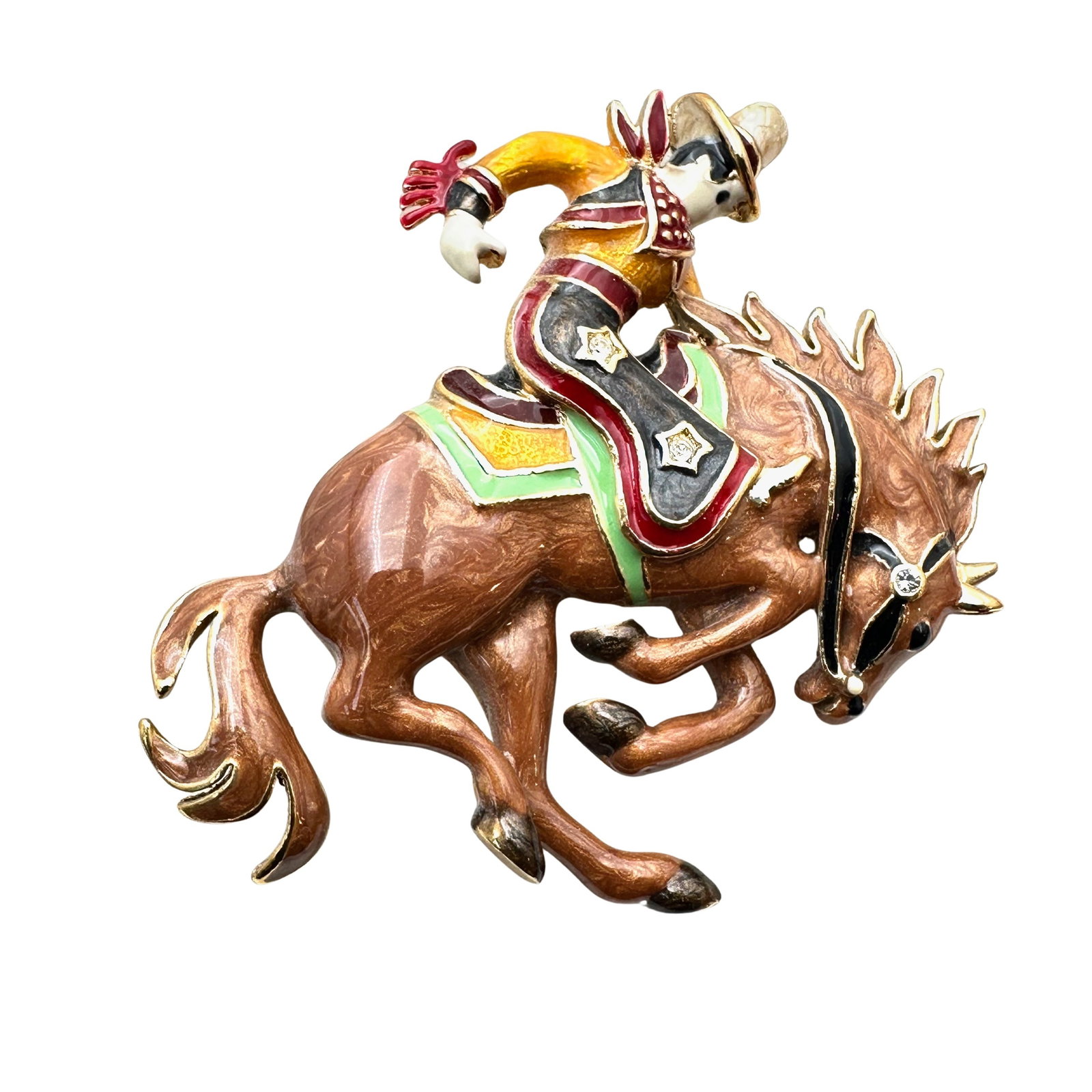 Vintage Bob Mackey Cowboy on Horse Pin Brooch Enamel Gold tone 3 Inch: Vintage Bob Mackey Cowboy on Horse Pin Brooch Enamel Gold tone 3 Inch