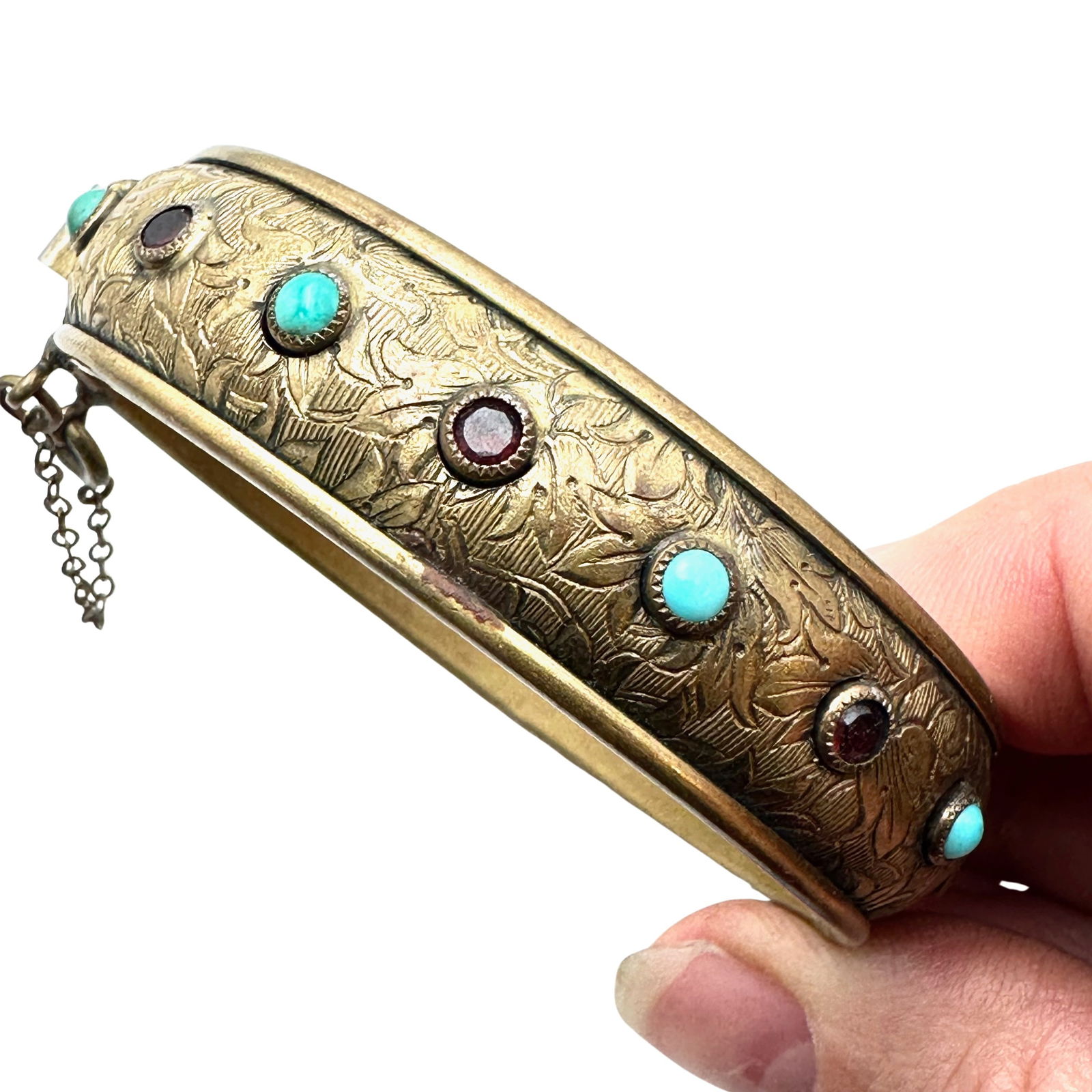 Vintage Hobe' Antiqued Gold tone Hinged Bangle Bracelet Blue Red Rhinestones 7 Inch (1 of 2)