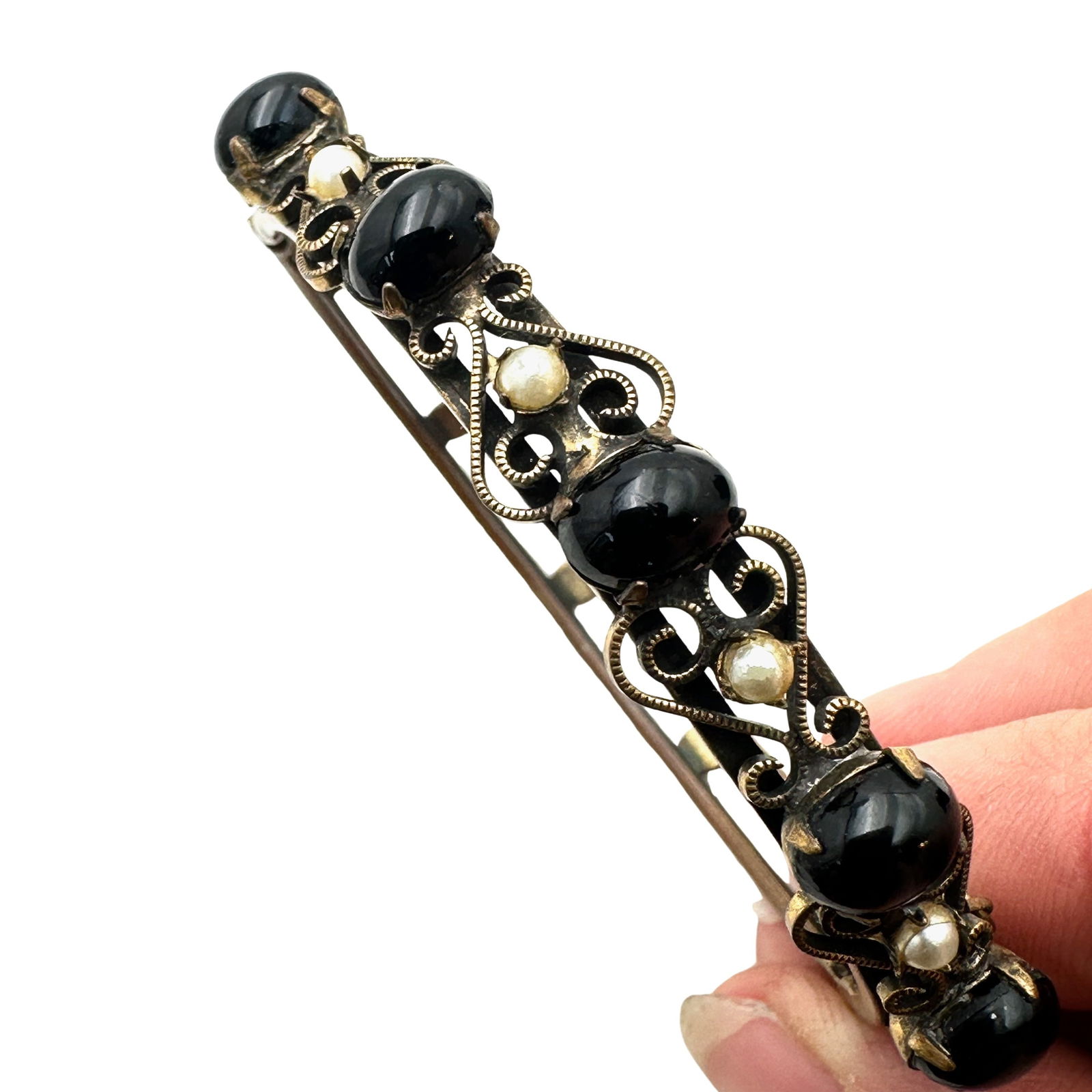 Vintage Hobe' Antiqued Gold Tone Hinged Bangle Bracelet Black Stones 7 Inch (1 of 2)