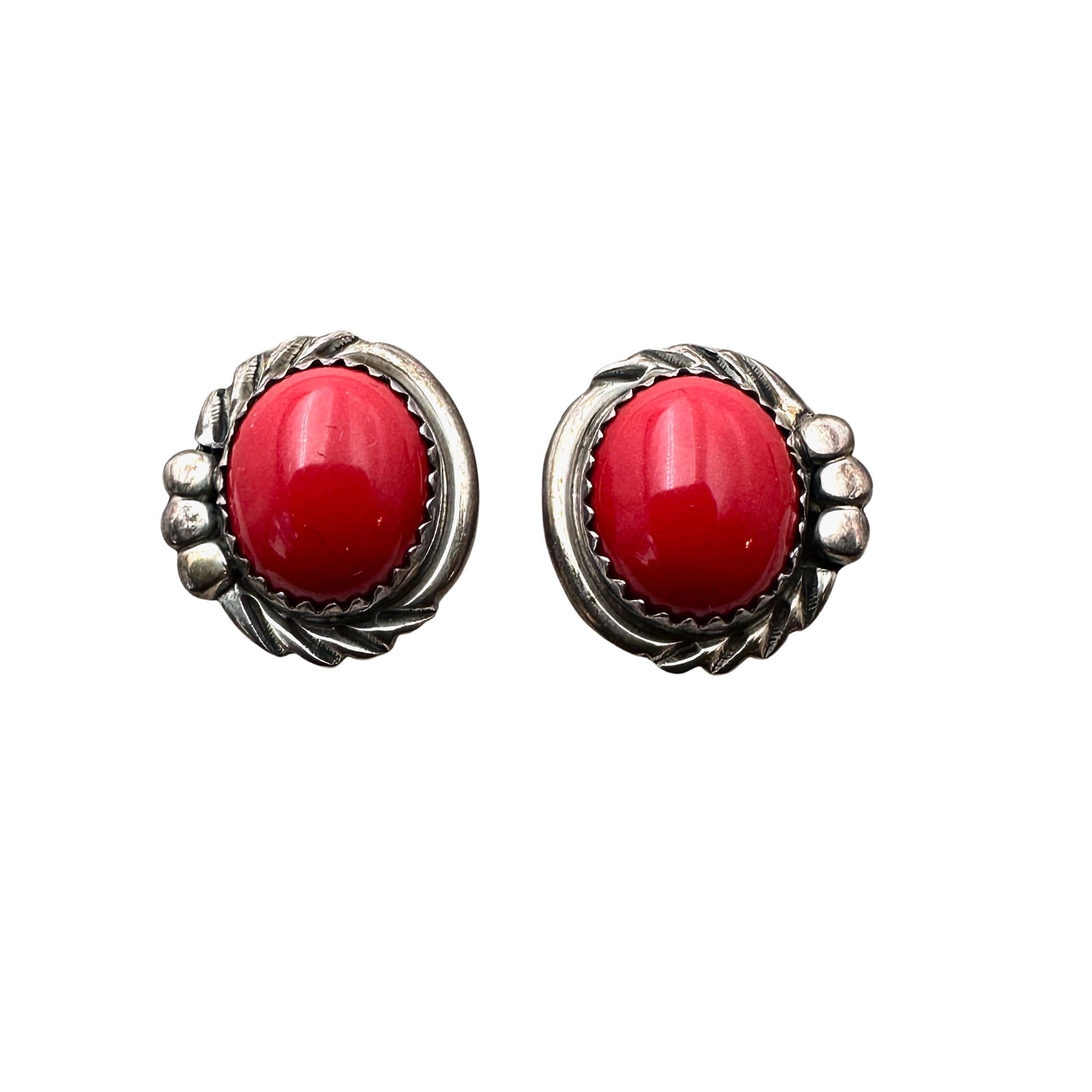 Native American Red Coral Sterling Silver Stud Earrings Pierced: Native American Red Coral Sterling Silver Stud Earrings Pierced