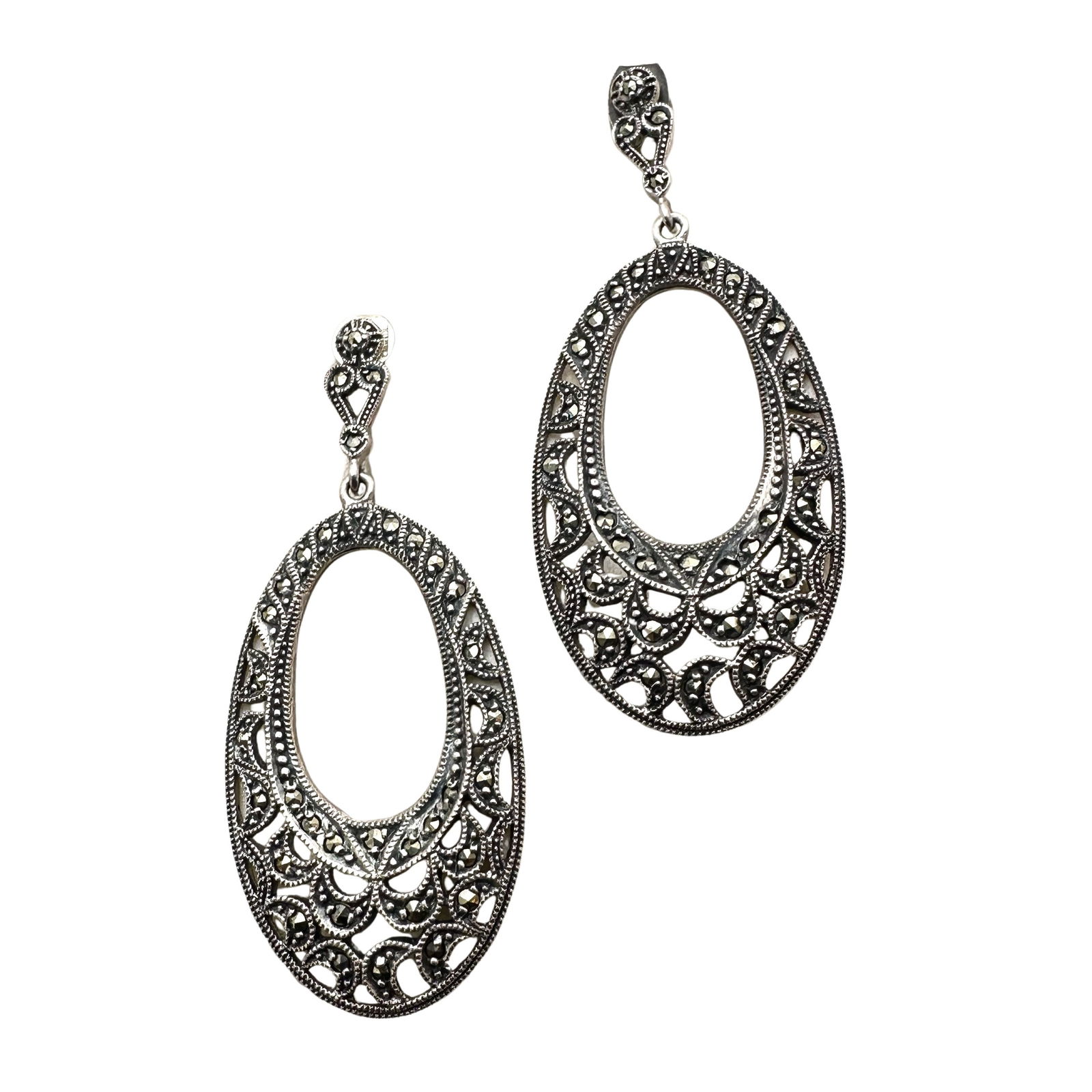 Vintage Marcasite Sterling Silver Chandelier Earrings Pierced 2 Inch: Vintage Marcasite Sterling Silver Chandelier Earrings Pierced 2 Inch