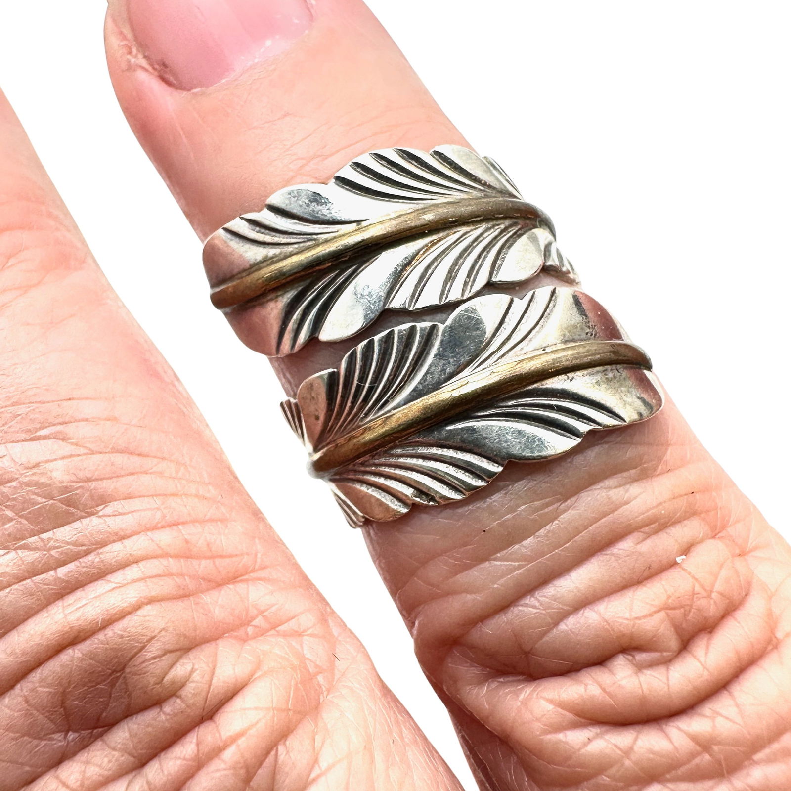 Native American JoAnn Yazzie Sterling Silver Brass Feather Wrap Ring Adjustable Set at 8 (1 of 2)