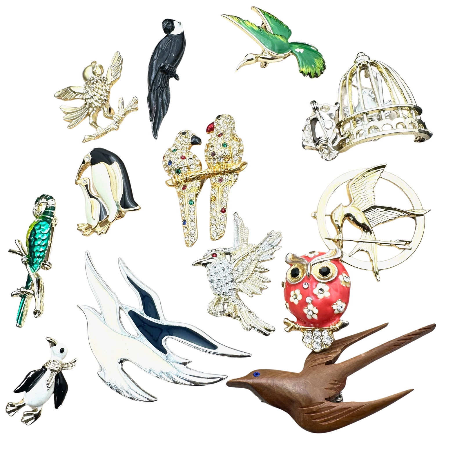 Vintage Jewelry Group Figural Pins Brooches Birds Bird Cage (1 of 2)