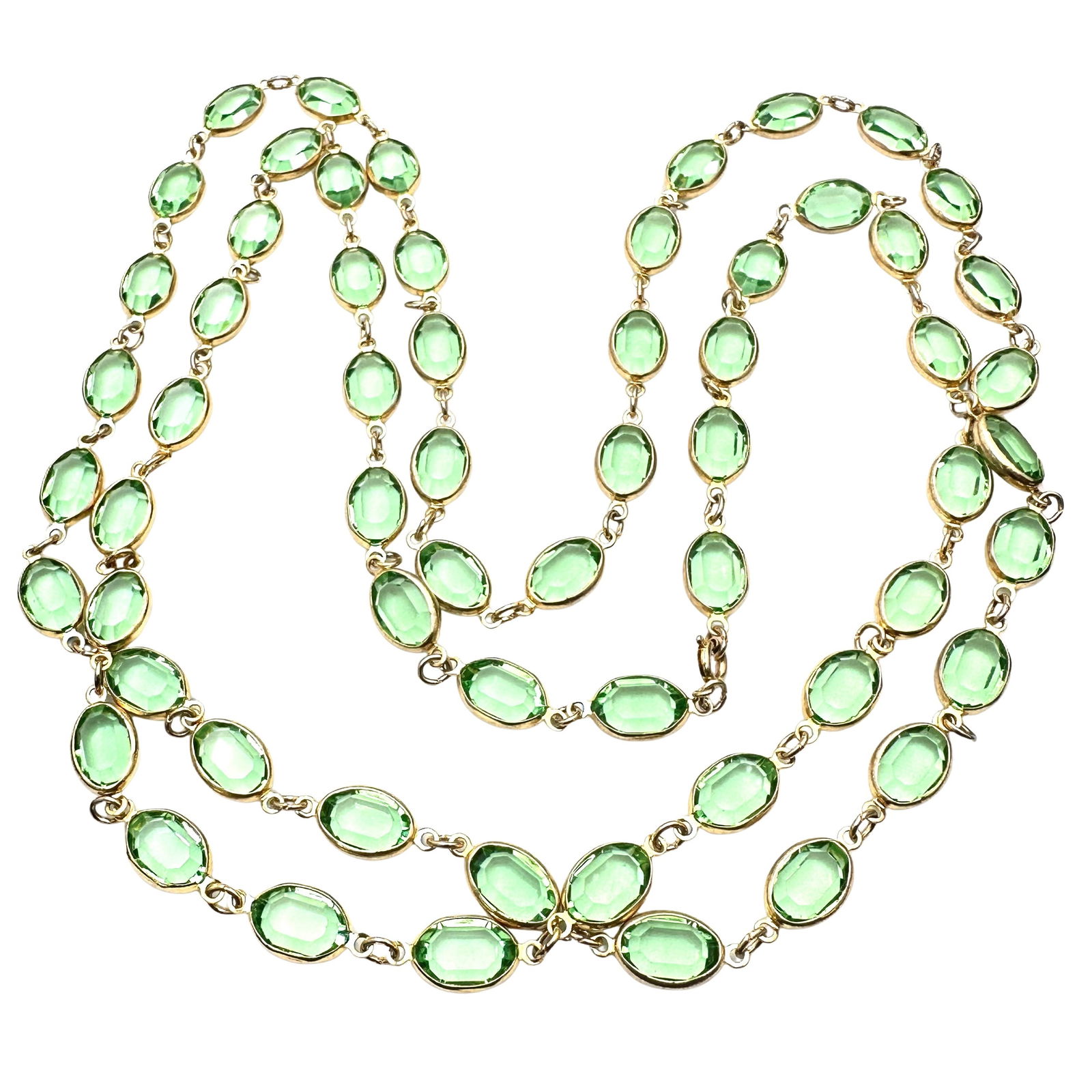 Vintage Green Bezel Set Crystal Gold Tone Necklace 44 Inch Length: Vintage Green Bezel Set Crystal Gold Tone Necklace 44 Inch Length