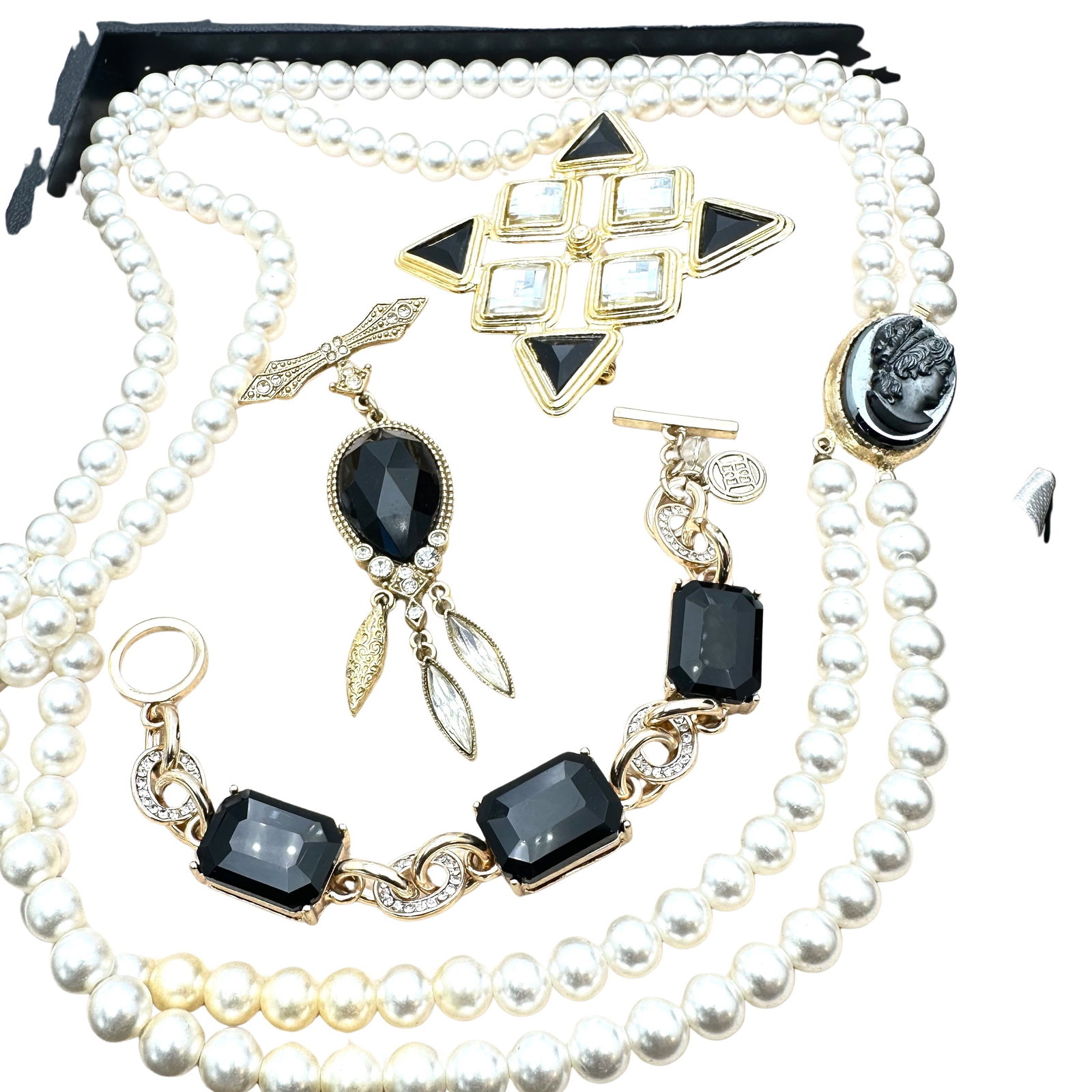 Vintage Jewelry Group Cameo Necklace 1928 Brooch Black Clear Pearl Brooch Bracelet: Vintage Jewelry Group Cameo Necklace 1928 Brooch Black Clear Pearl Brooch Bracelet