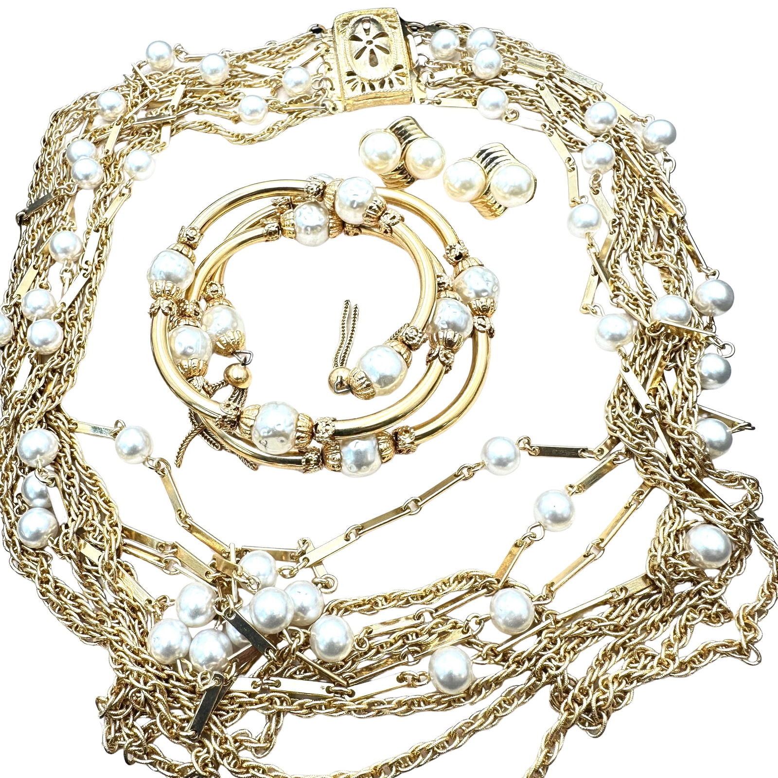 Vintage Jewelry Group Gold Tone Multi Strand Necklace Faux Pearl Coil Bracelet Earrings: Vintage Jewelry Group Gold Tone Multi Strand Necklace Faux Pearl Coil Bracelet Earrings