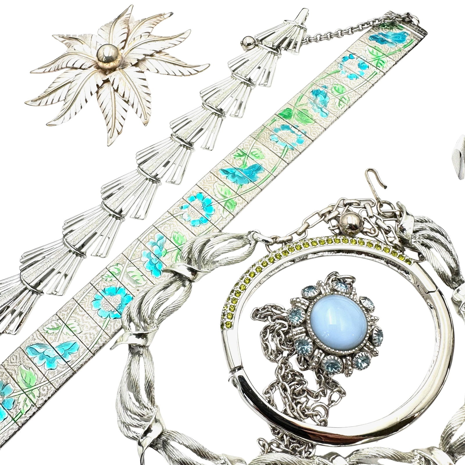 Vintage Jewelry Group Silver Tone Enamel Choker Rhinestone Clamper Bracelet Necklaces (1 of 2)