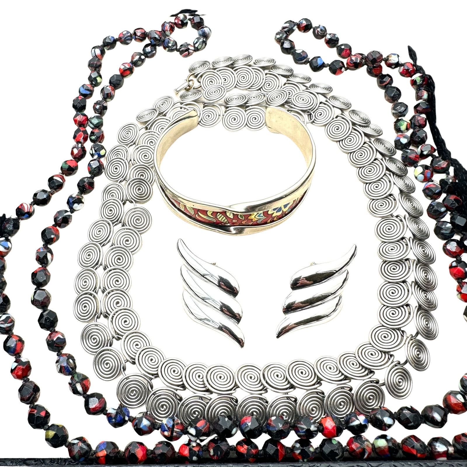 Vintage Jewelry Group Art Glass Knotted Bead Necklace Monet Earrings Silver Tone: Vintage Jewelry Group Art Glass Knotted Bead Necklace Monet Earrings Silver Tone