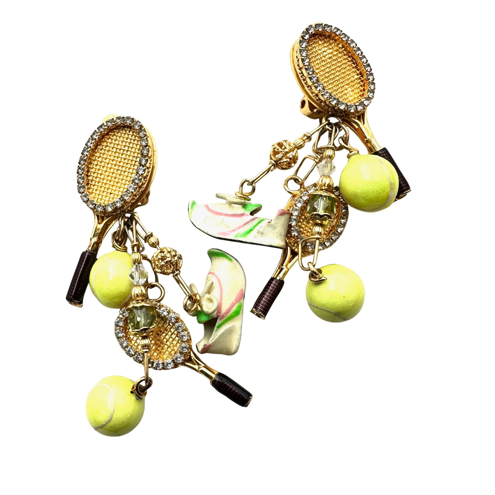 Vintage Lunch At The Ritz Tennis Design Chandelier Earrings Clip Gold Tone: Vintage Lunch At The Ritz Tennis Design Chandelier Earrings Clip Gold Tone