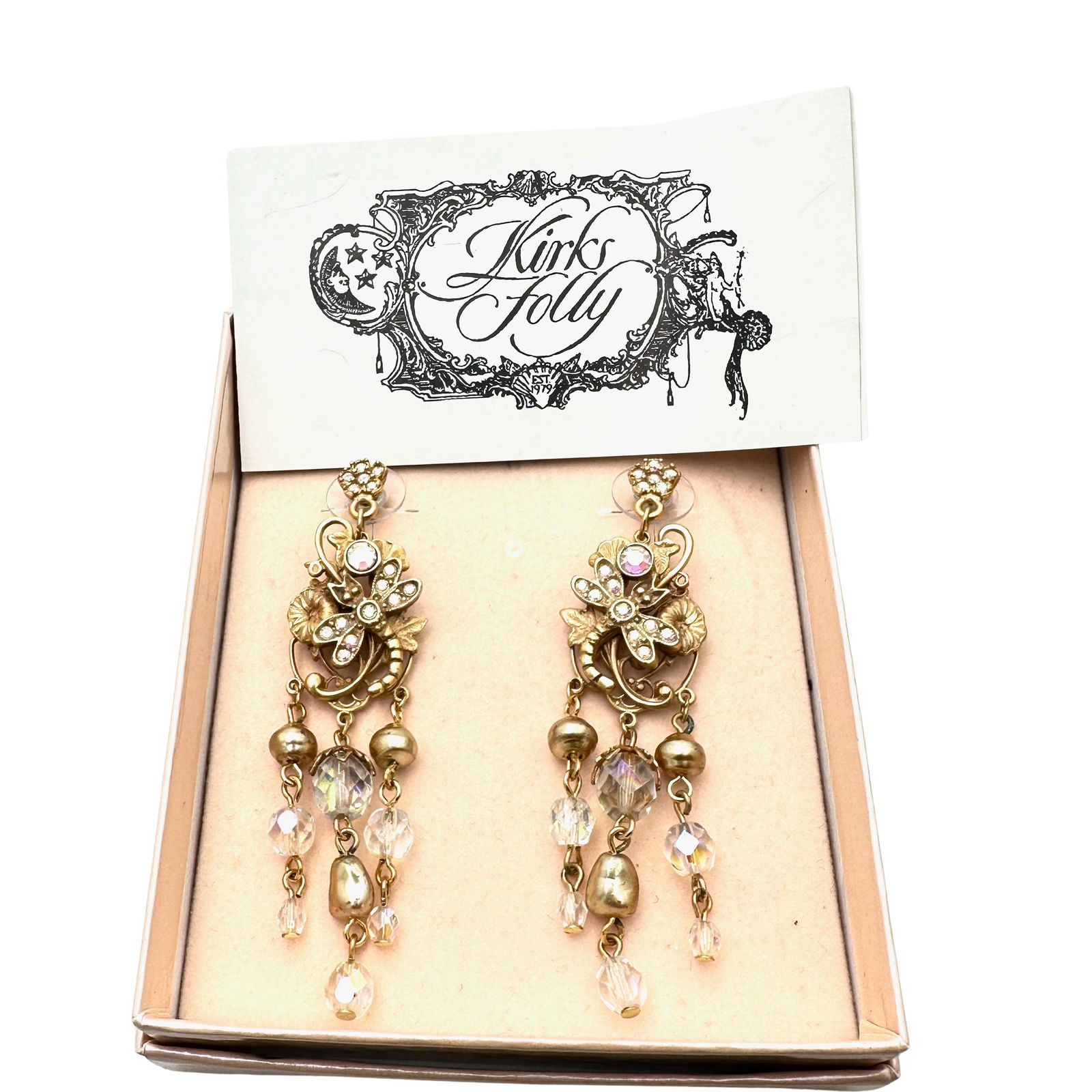 Vintage Kirks Folly Crystal Chandelier Gold Tone Pierced Earrings Original Box (1 of 2)
