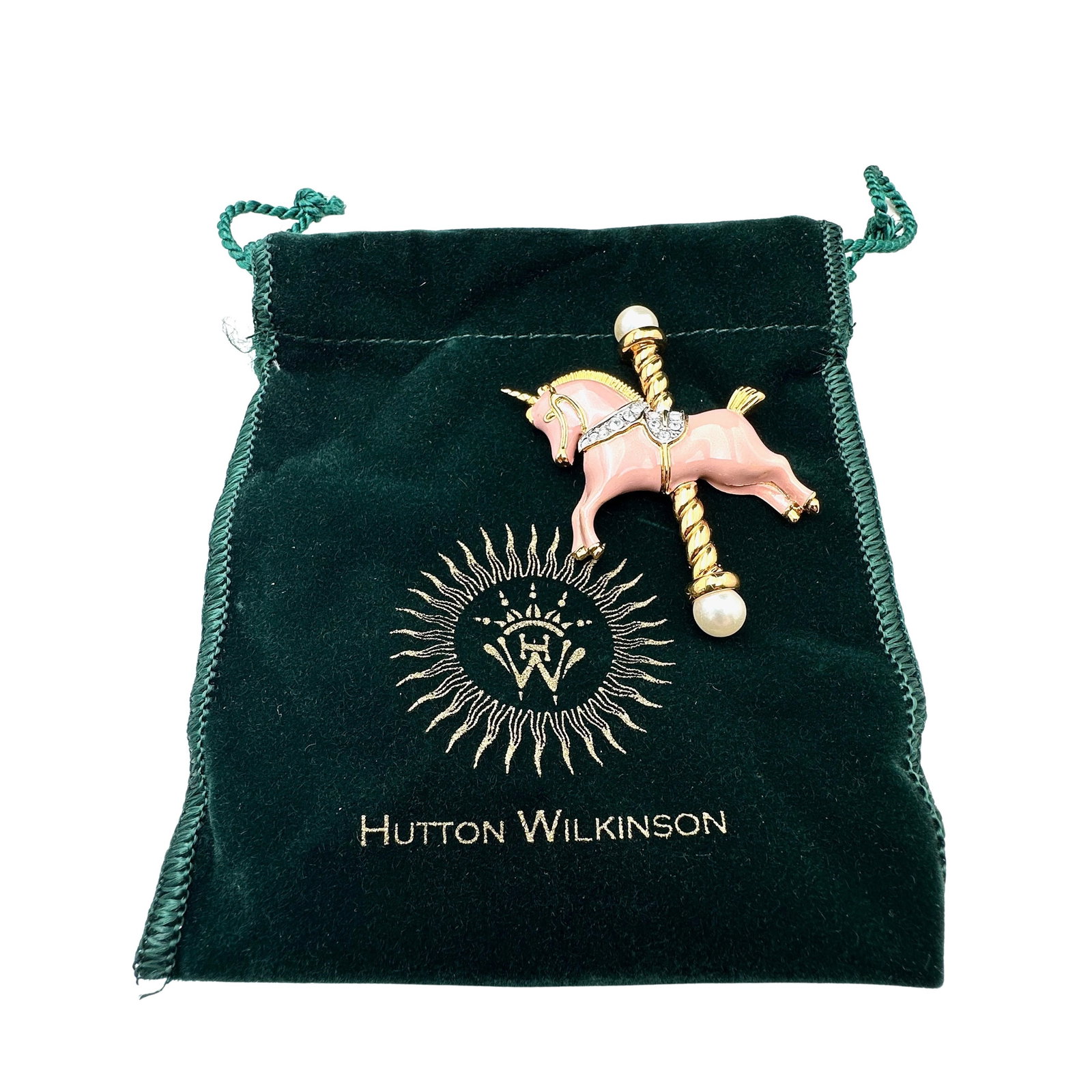 Vintage Hutton Wilkinson Pink Enamel Gold Tone Horse Brooch Pin and Pouche: Vintage Hutton Wilkinson Pink Enamel Gold Tone Horse Brooch Pin and Pouche