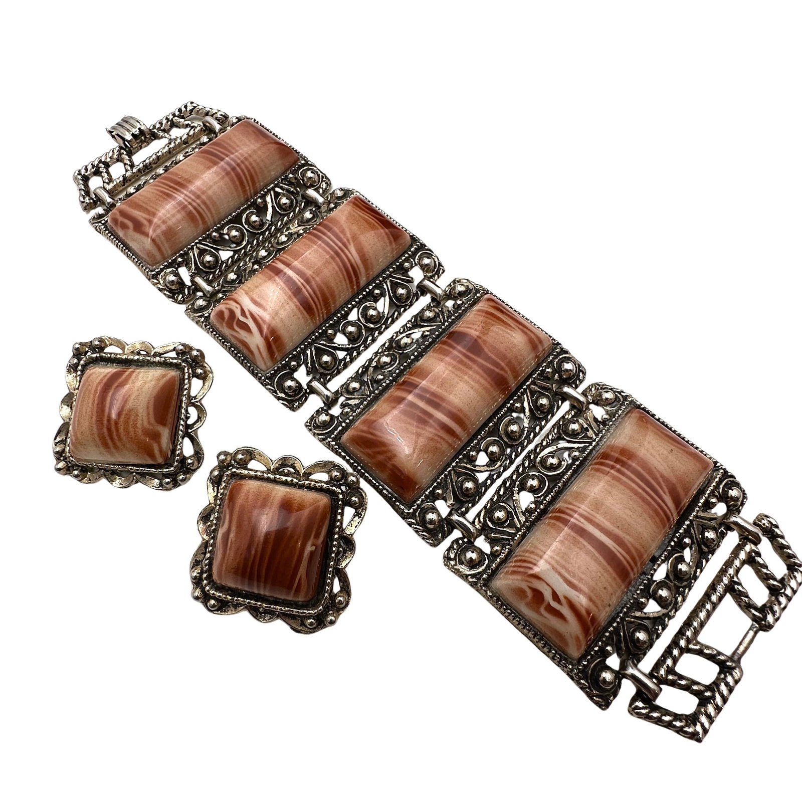 Vintage Lucite Gold Tone Wide Panel Bracelet Clip Earrings Set: Vintage Lucite Gold Tone Wide Panel Bracelet Clip Earrings Set