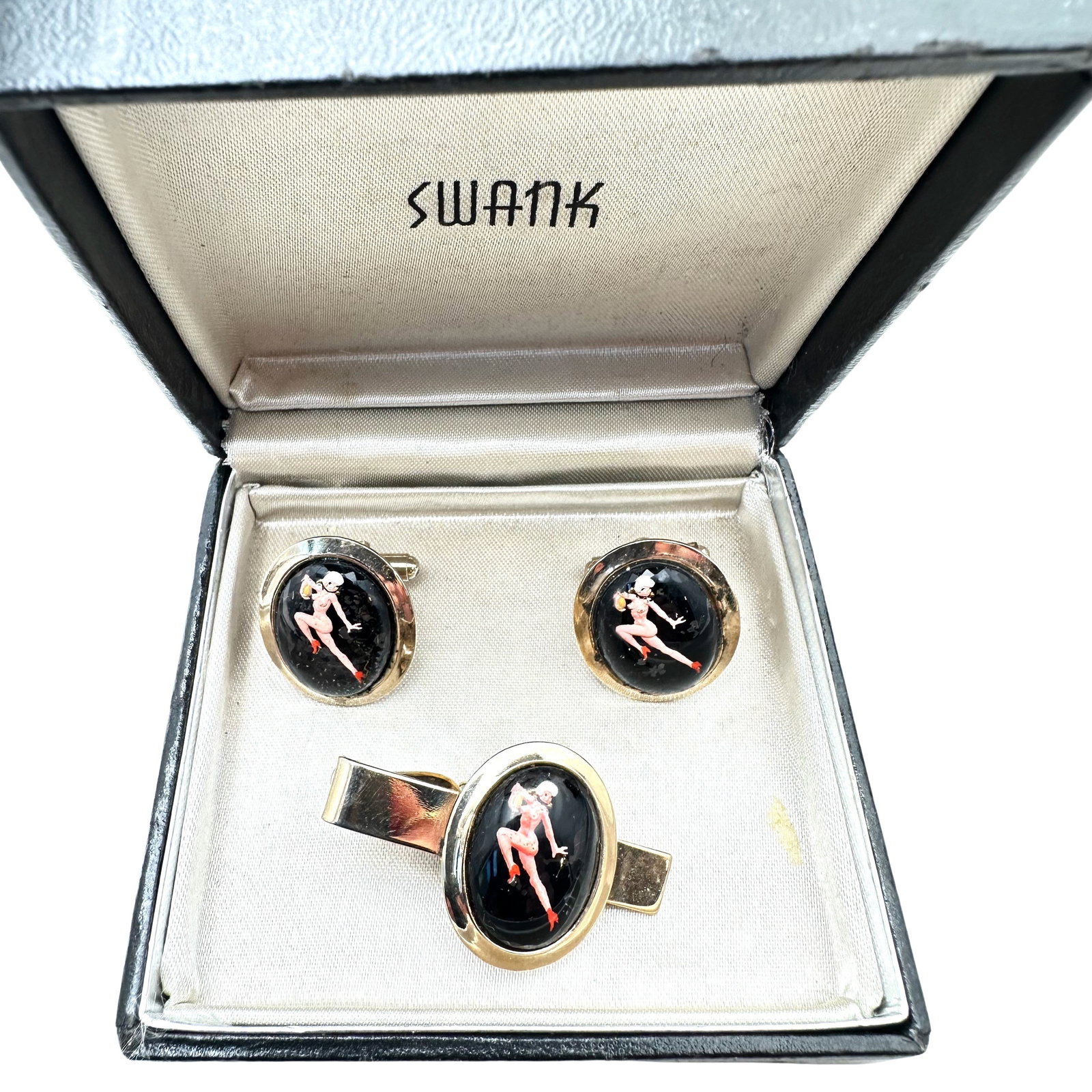 Vintage Swank Pin Up Girl Cuff Link Tie Clip Set in Original Box (1 of 2)