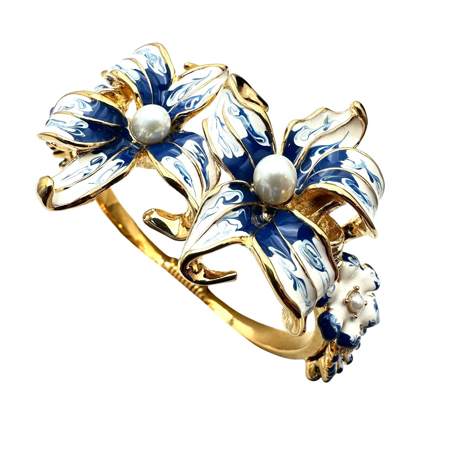Vintage Kenneth Jay Lane Blue White Enamel Flower Clamper Bracelet Gold Tone (1 of 2)