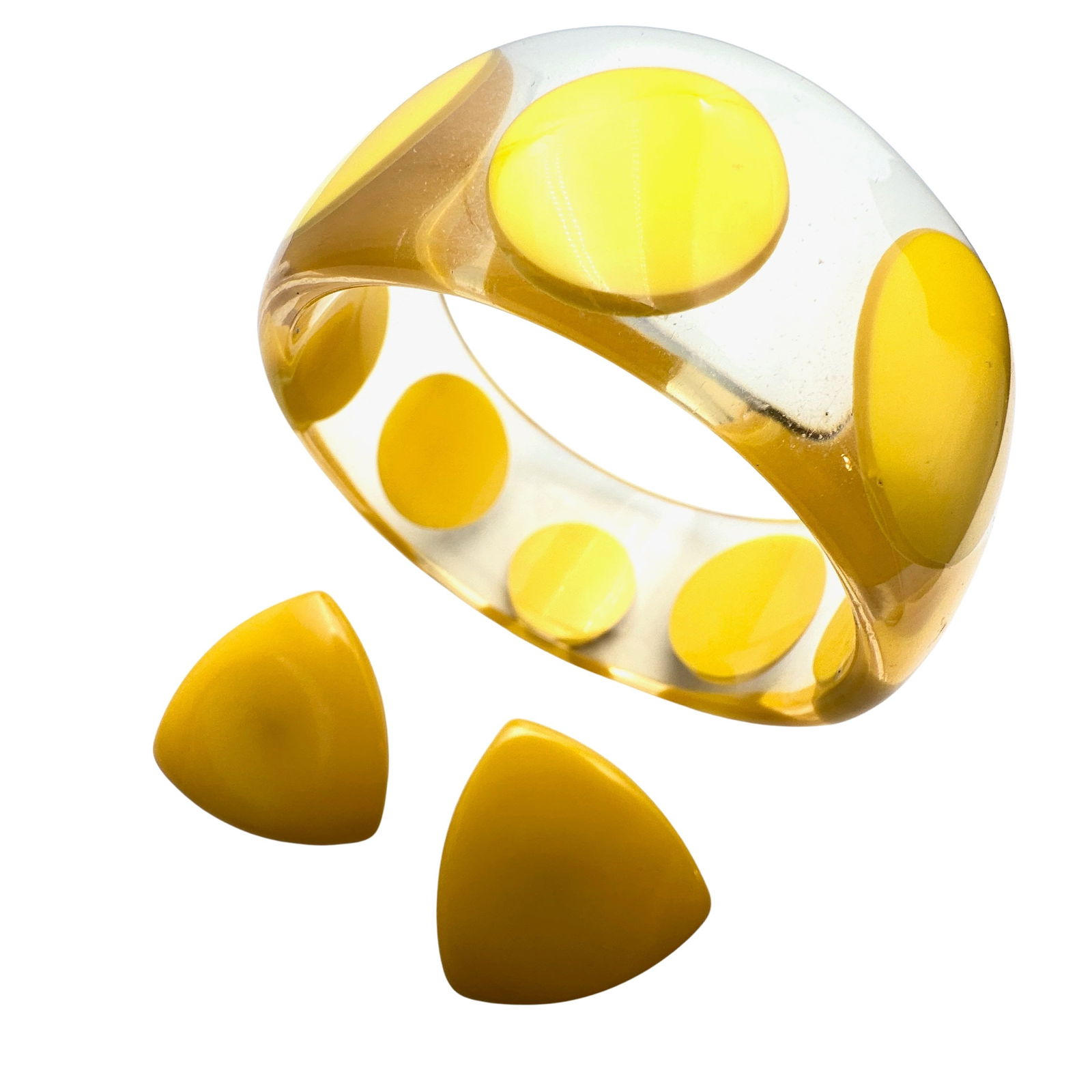 Vintage Bakelite Clip Earrings Yellow Polka Dot Wide Bangle Bracelet (1 of 2)