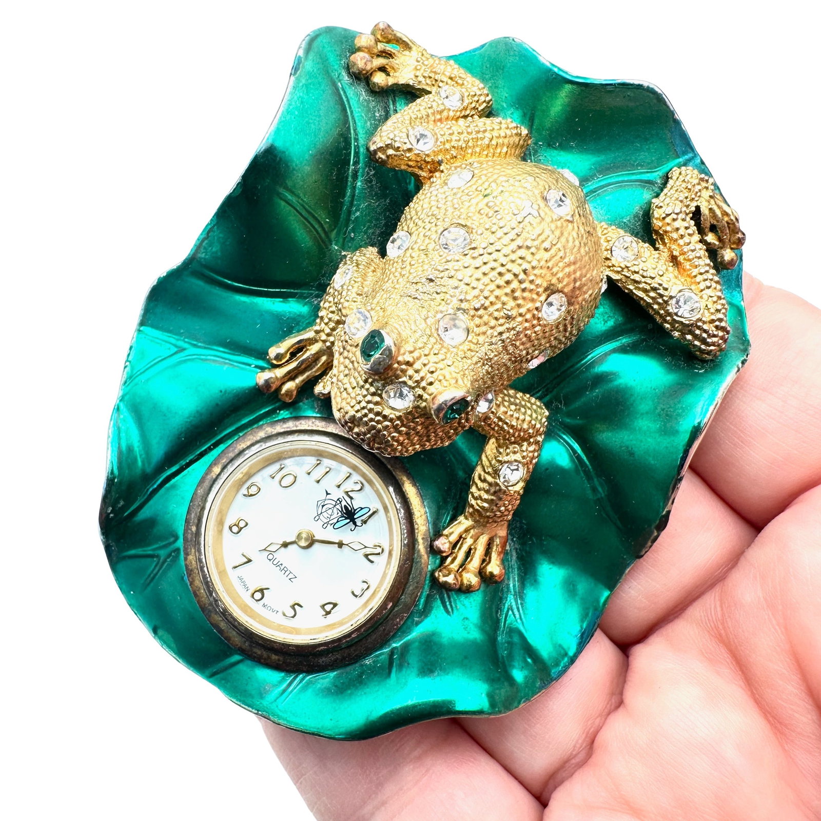Vintage Rhinestone Gold Tone Frog On Lily Pad Clock: Vintage Rhinestone Gold Tone Frog On Lily Pad Clock