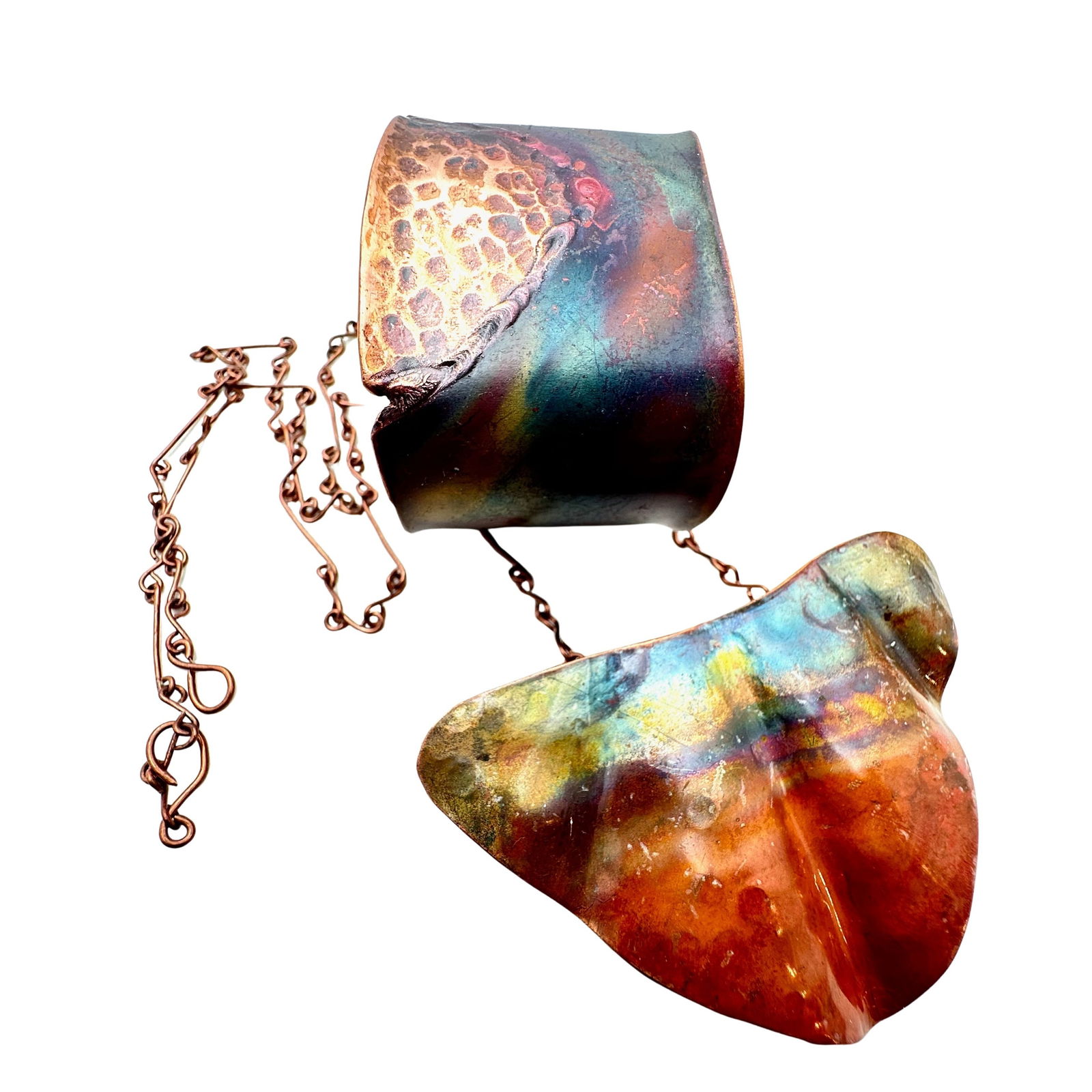 Vintage Artisan Copper Enamel Pendant Necklace Matching Cuff Bracelet (1 of 2)