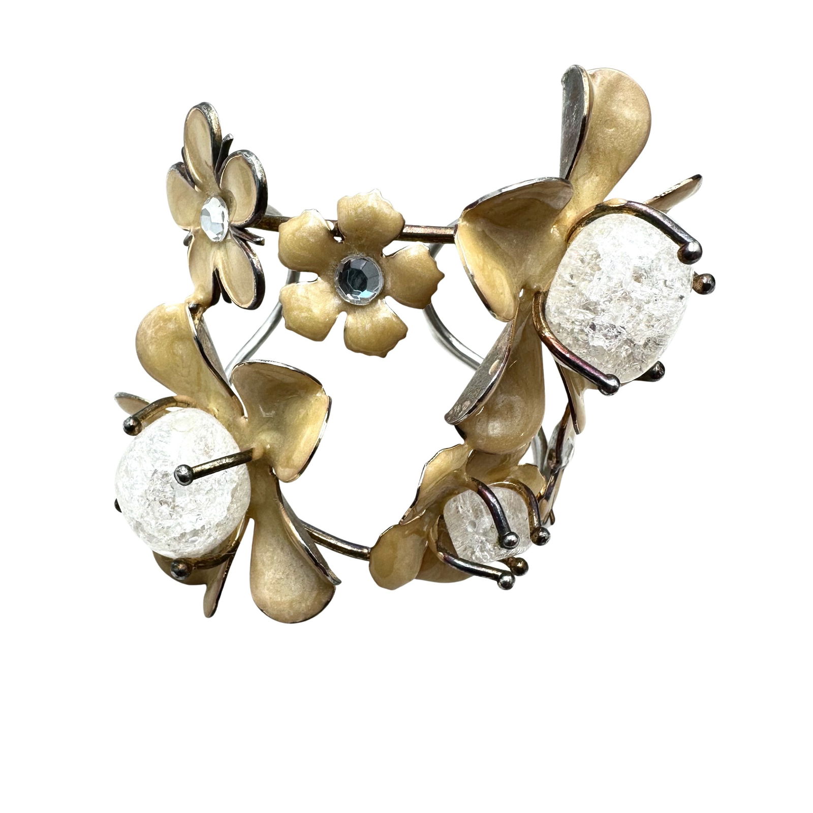 Large Enamel Gemstone Flower Cuff Bracelet Silver Tone Artisan (1 of 2)