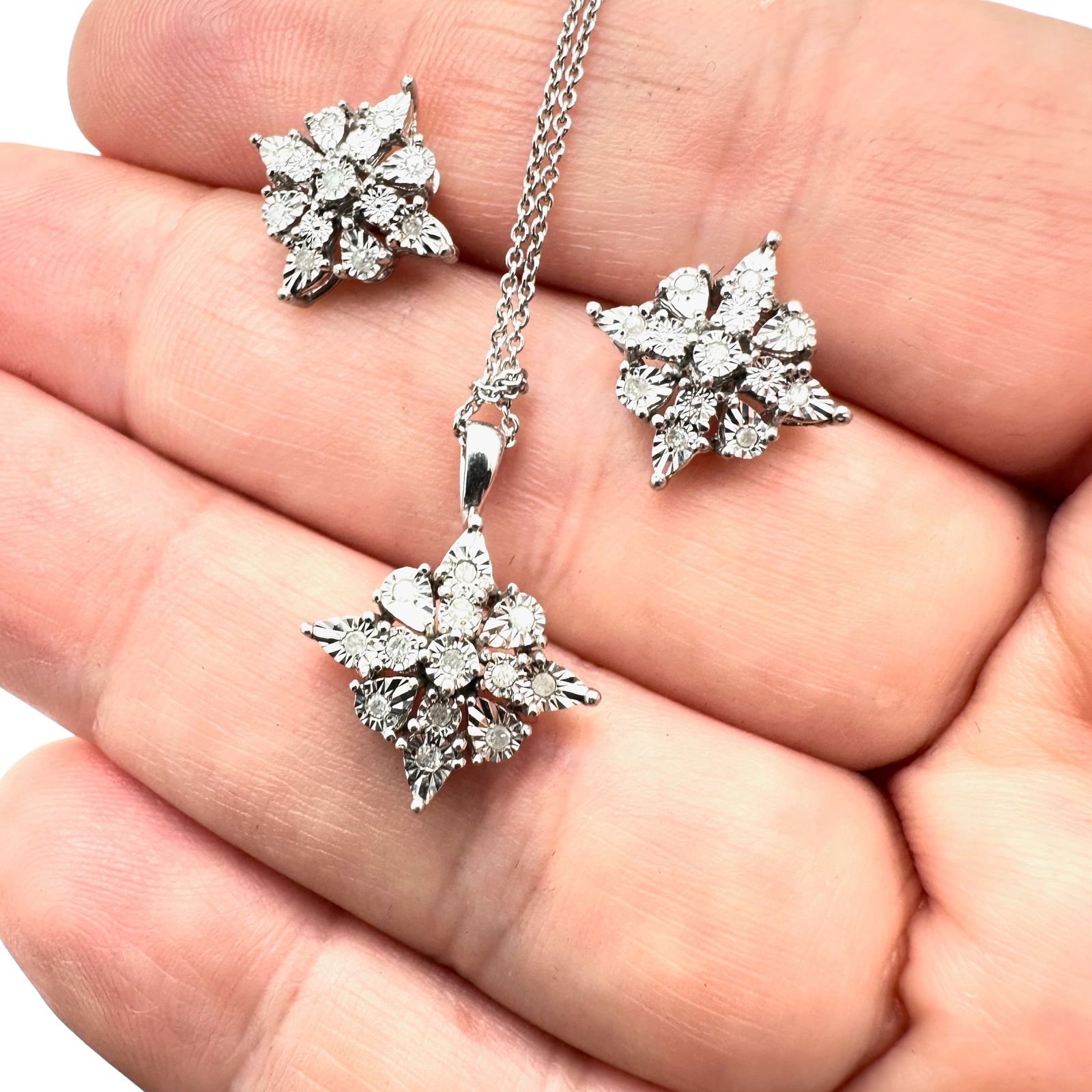 Vintage Sterling Silver Diamond Pendant Necklace Stud Pierced Earrings Set (1 of 2)