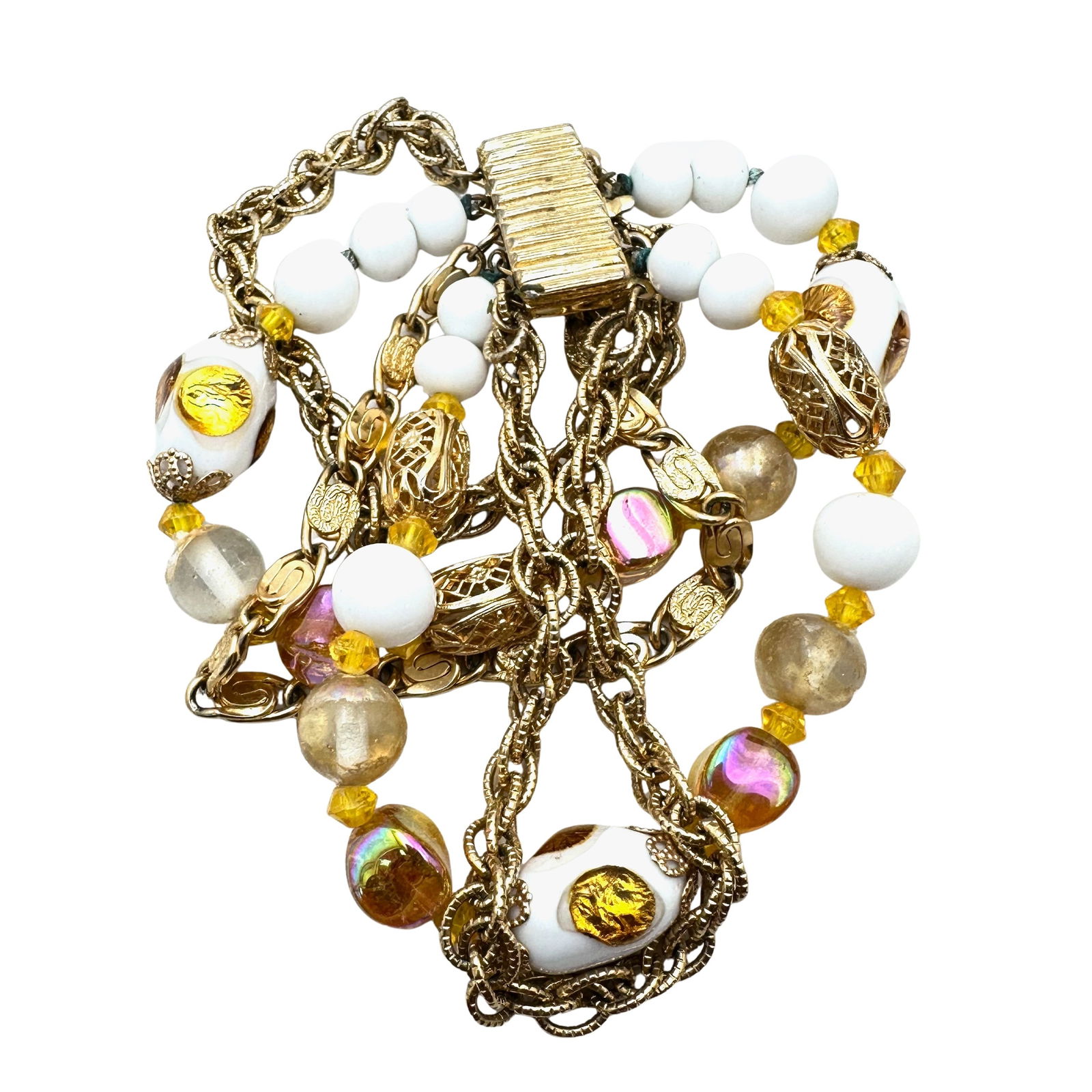 Vintage Peacock Glass Bead Bracelet Gold Tone Five Strand (1 of 2)