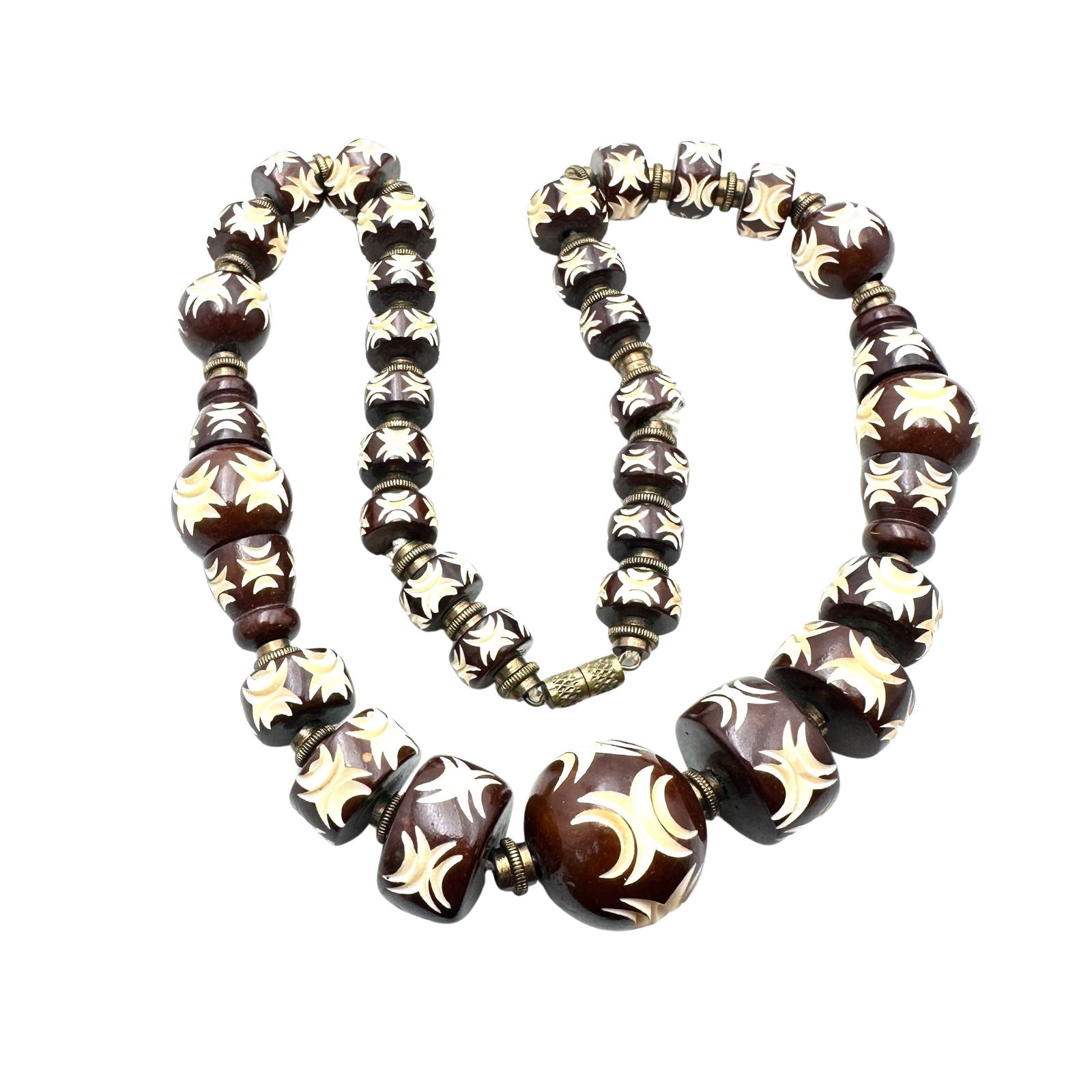Vintage Unique Carved Bead Necklace 16 Inch Brown Off White Antique (1 of 2)