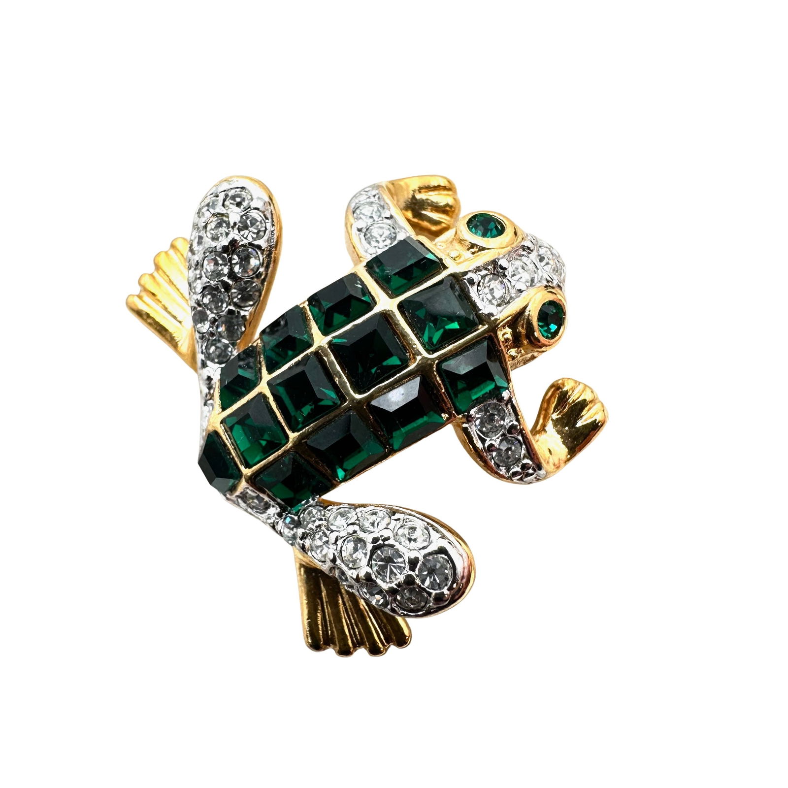 Vintage Rhinestone Gold Tone Frog Brooch Invisible Set Green Glass Stones (1 of 2)