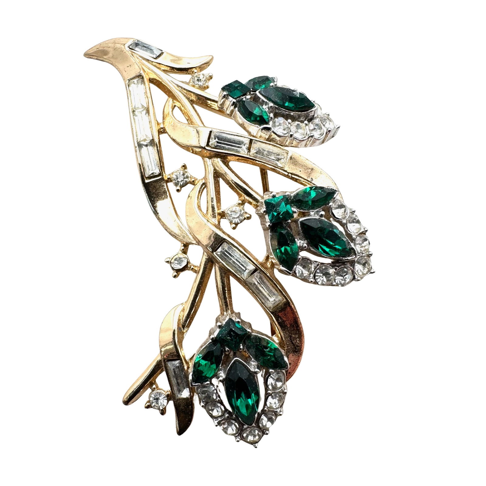 Vintage Emerald Green Glass Rhienstone Brooch Gold Tone Unsigned: Vintage Emerald Green Glass Rhienstone Brooch Gold Tone Unsigned