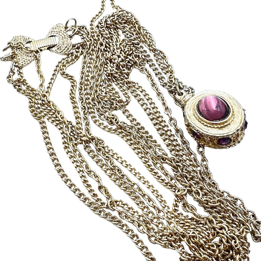 Vintage Unsigned Goldette Purple Fob Pendant Necklace Gold Tone Multi Strand: Vintage Unsigned Goldette Purple Fob Pendant Necklace Gold Tone Multi Strand