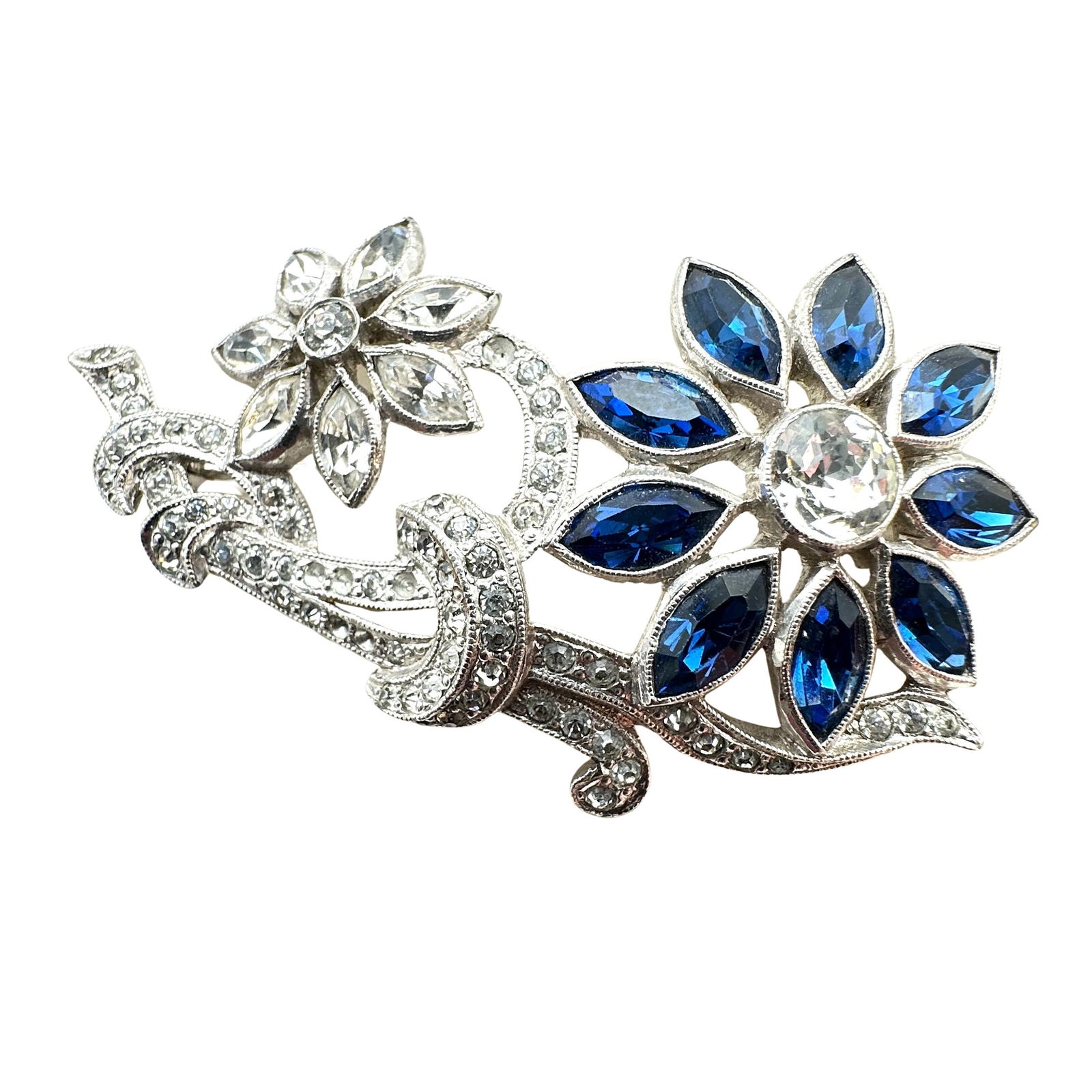 Antique 1940s Era Glass Rhinestone Silver Pot Metal Flower Brooch 2 Inch (1 of 2)