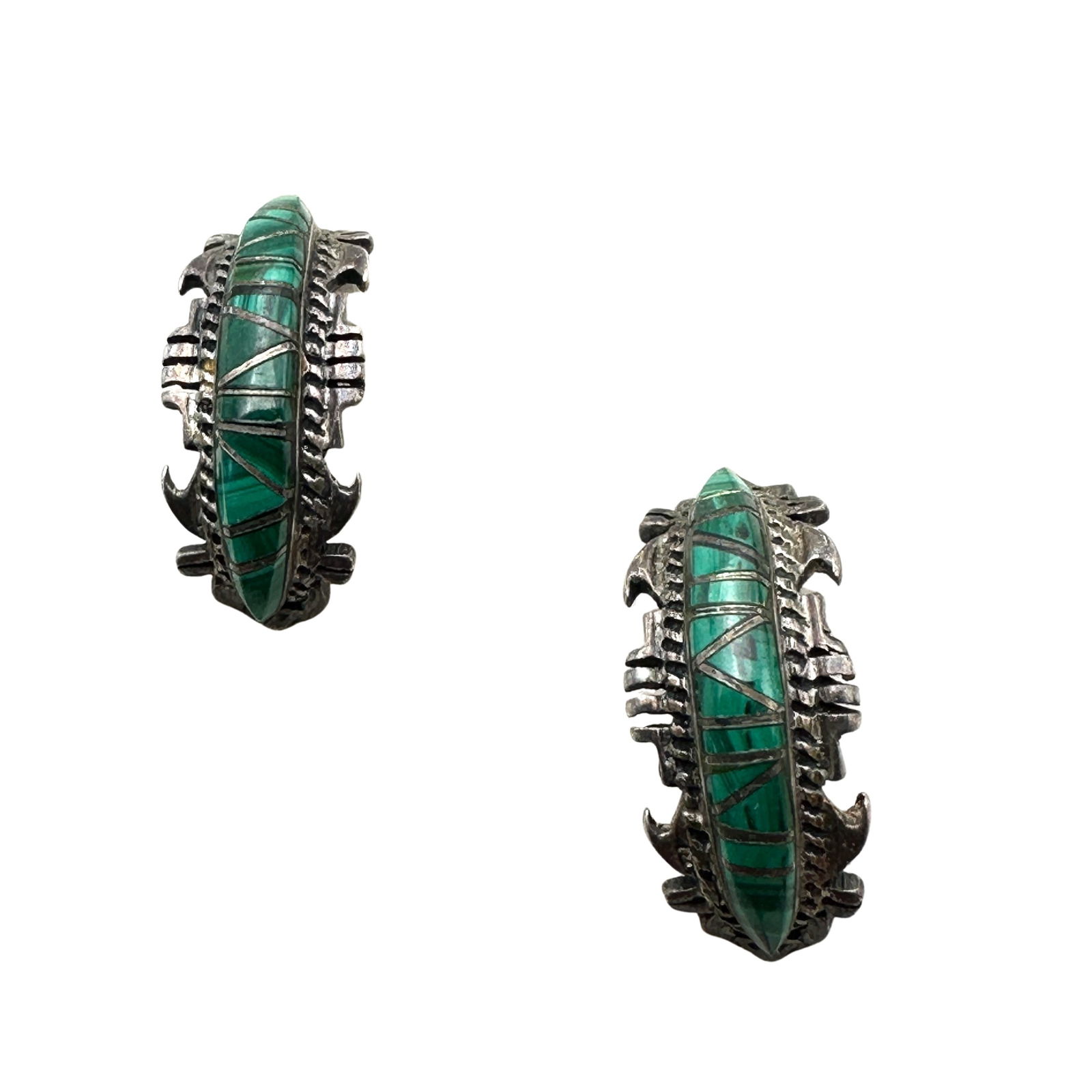 Vintage American Southwest Inlay Malachite Sterling Silver Pierced Earrings: Vintage American Southwest Inlay Malachite Sterling Silver Pierced Earrings