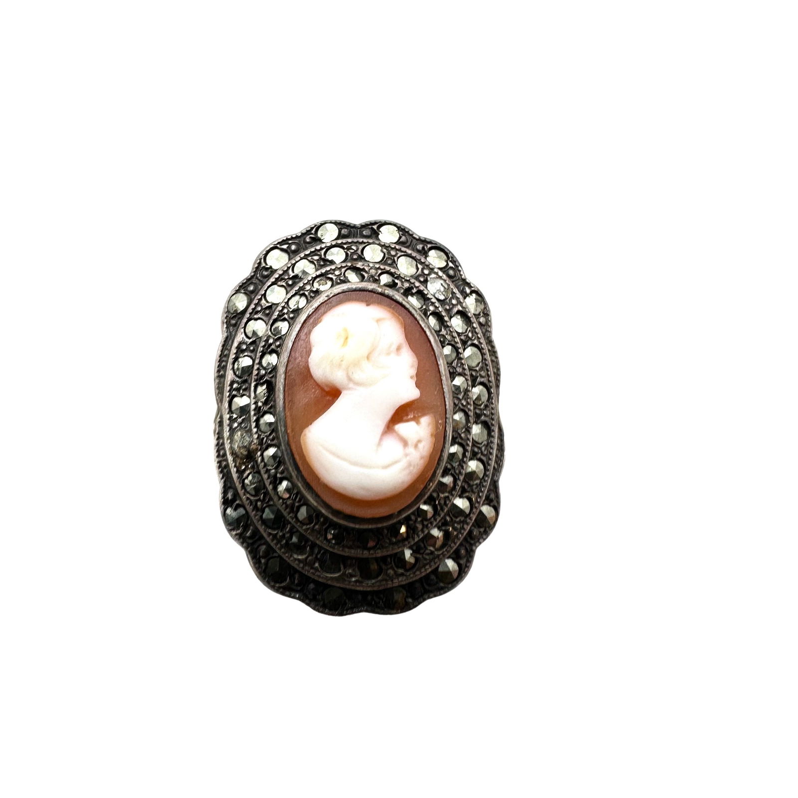 Vintage Sterling Silver Cameo Marcasite Ring Size 7.5 (1 of 2)