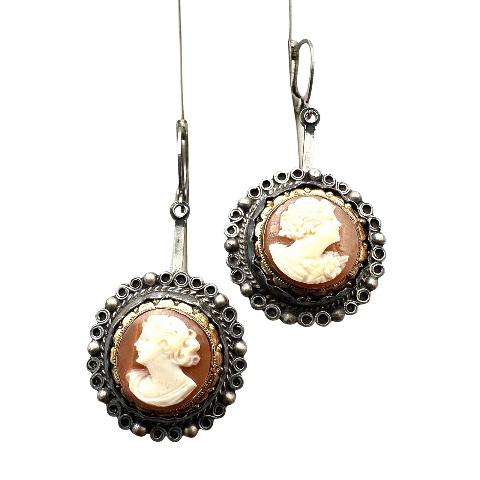 Antique Plata Mexico Sterling Silver Marcasite Carved Shell Cameo Chandelier Earrings (1 of 2)