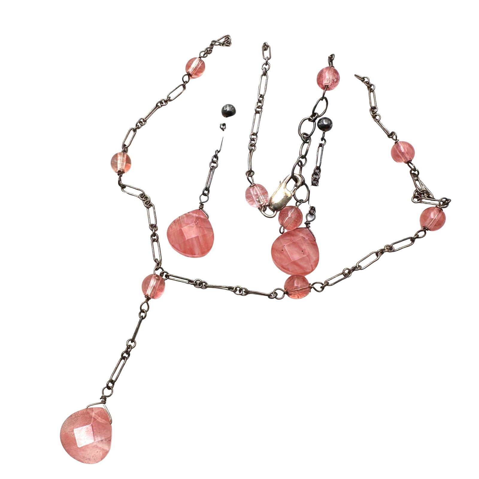 Pink Gemstone Briolette Sterling Silver Necklace Earrings Pierced: Pink Gemstone Briolette Sterling Silver Necklace Earrings Pierced