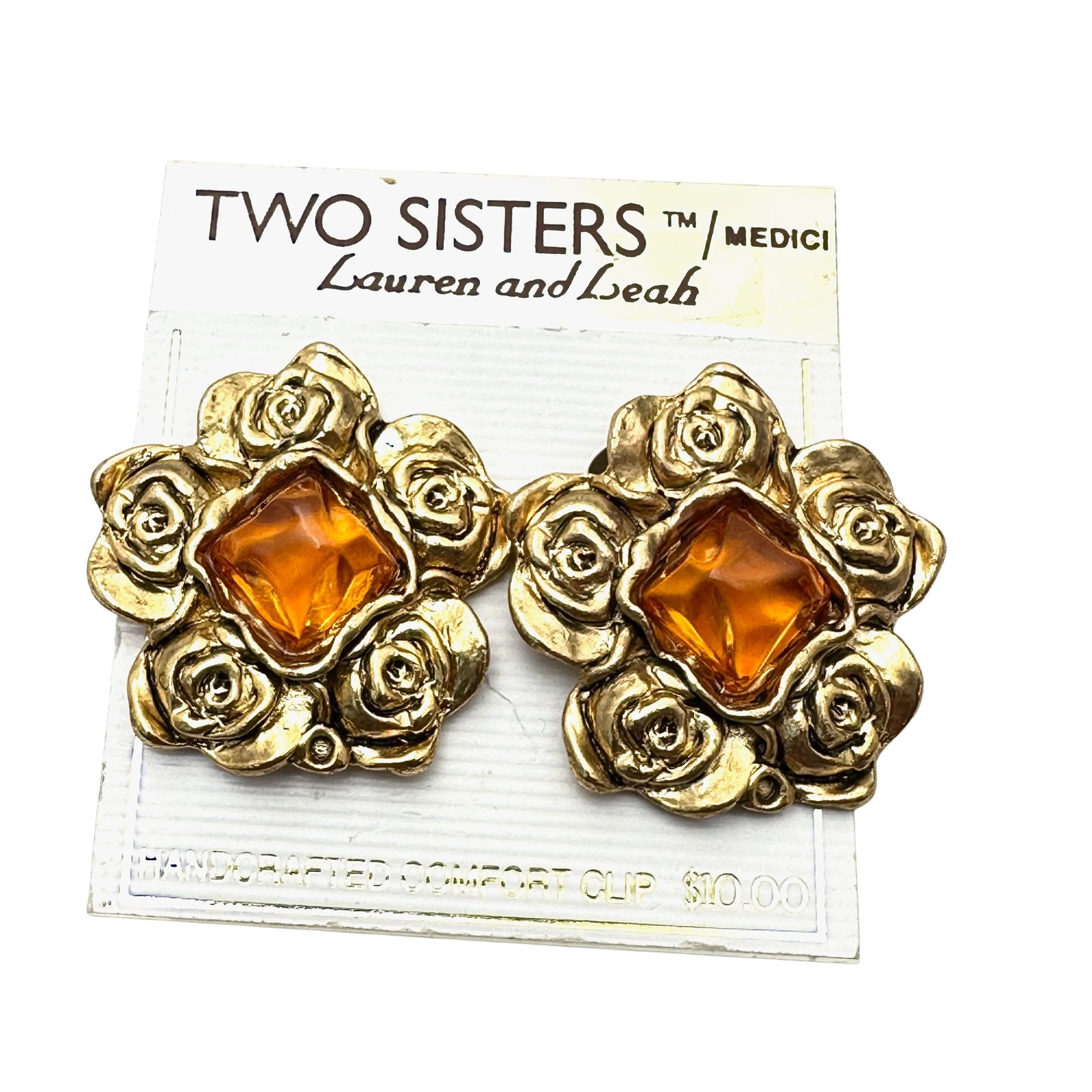 Vintage Two Sisters Gold Tone Earrings on Original Card Clip Amber Glass Rose Design: Vintage Two Sisters Gold Tone Earrings on Original Card Clip Amber Glass Rose Design