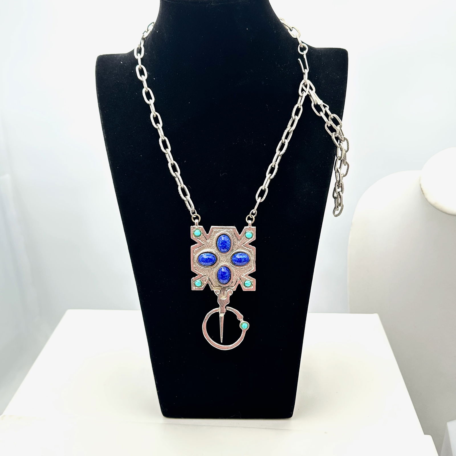 Vintage Accessocraft NY Lapis Glass Silver Tone Pendant Necklace 24 Inch (1 of 2)