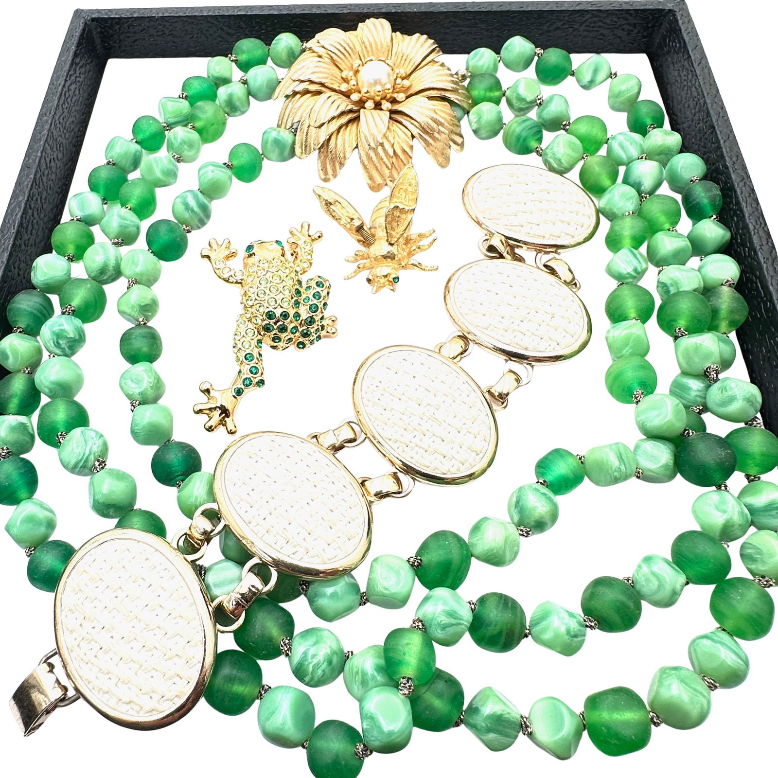 Vintage Jewelry Group Bergere Bracelet Napier Flower Brooch Glass Necklace Frog Bug Pin: Vintage Jewelry Group Bergere Bracelet Napier Flower Brooch Glass Necklace Frog Bug Pin